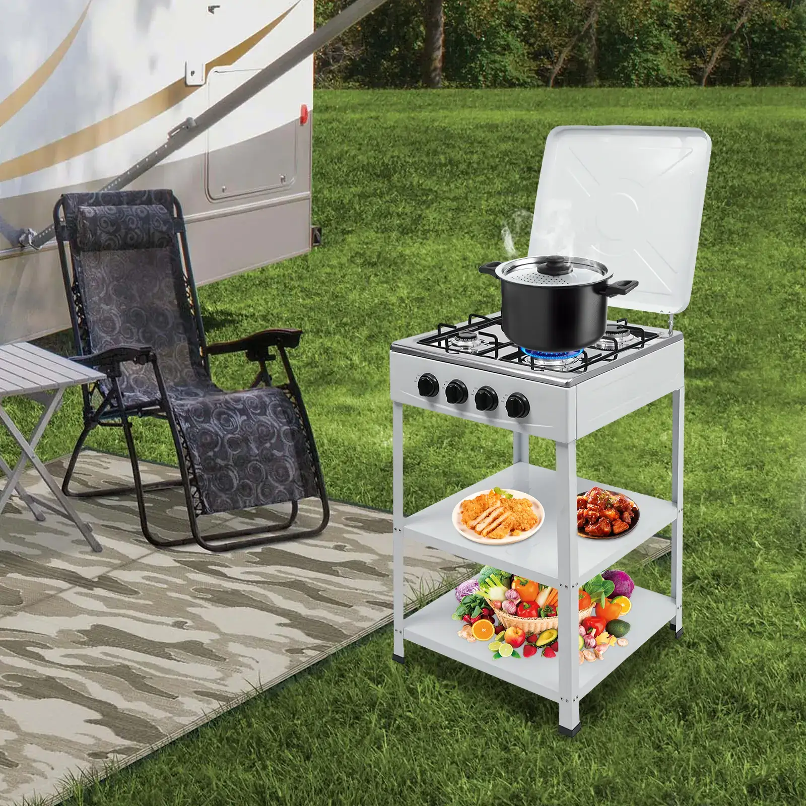 4 Burner Freestanding Gas Stove NG LPG Outdoor Camping Portable Cooktop with 4 Knobs Manual Ignition for RV Travel Emergency Preparedness Family Use