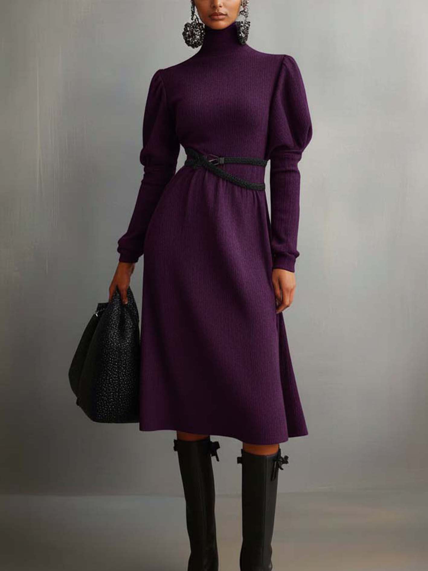 High-neck Purple Knitted Midi Dress With Black Belt