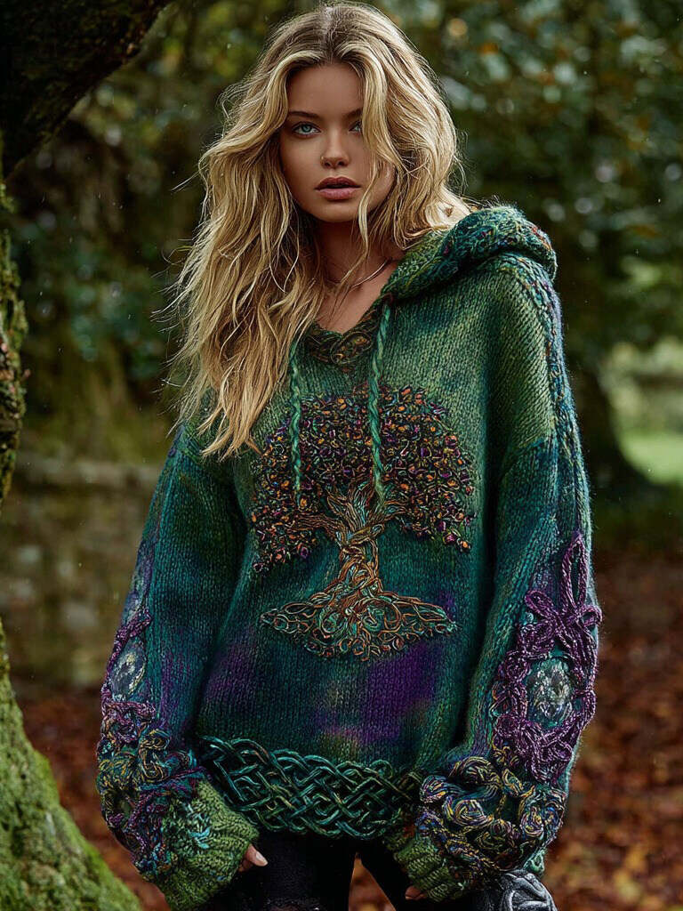 Women's Viking Celtic Knot Tree Of Life Knitted Warm Hooded Sweater
