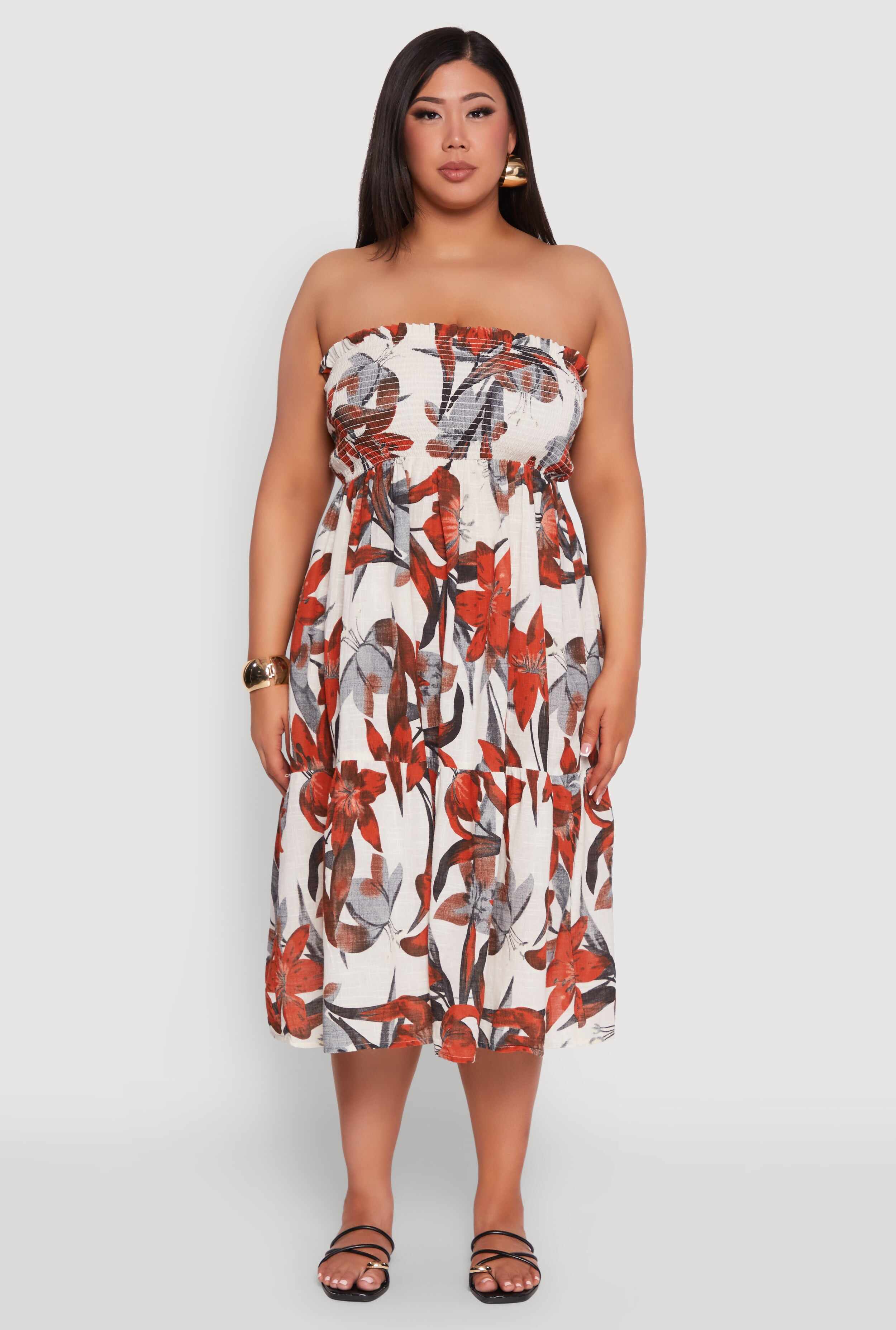Plus Size Floral Print Smocked Tiered Midi Dress