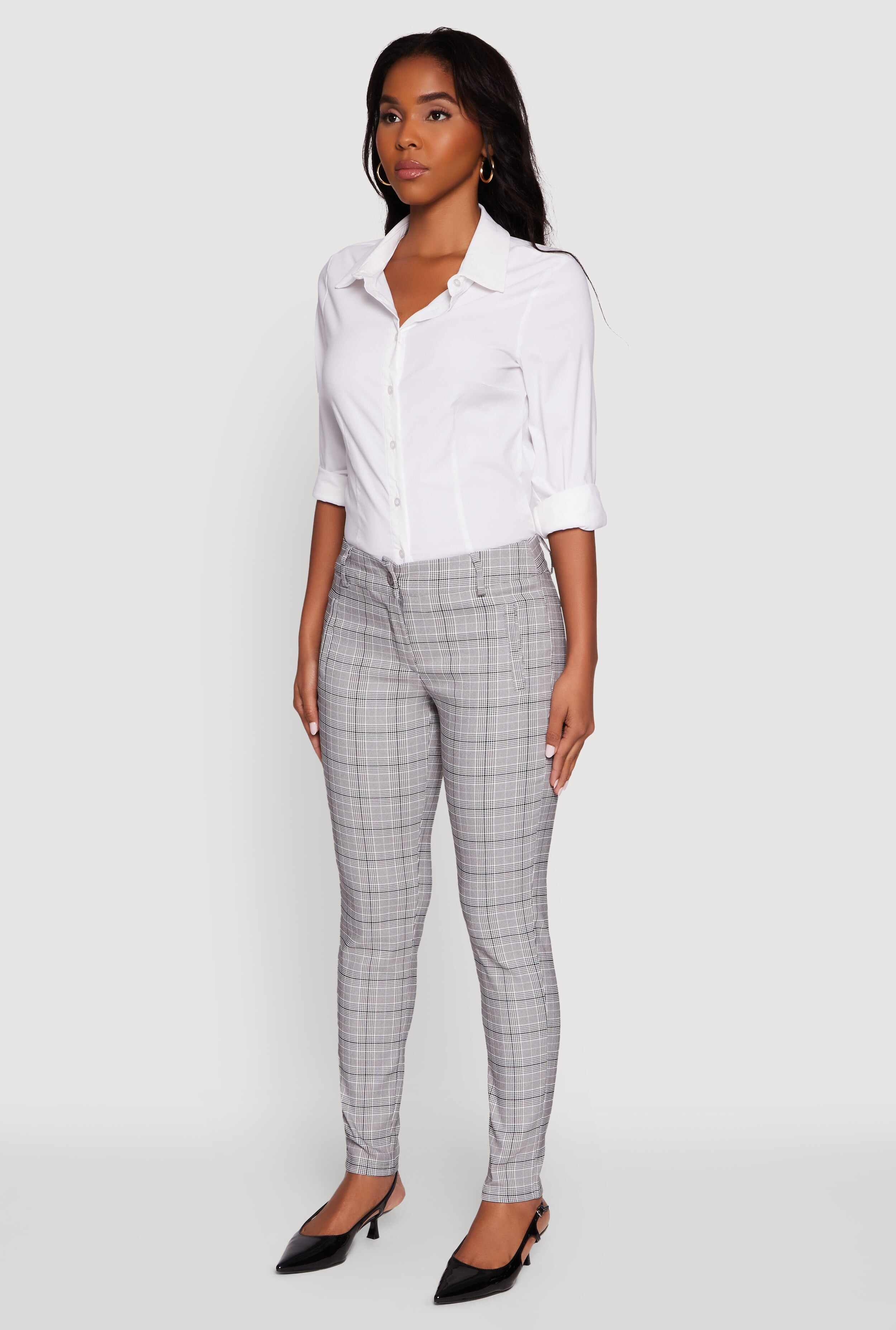 Mid Rise Plaid Skinny Dress Pants