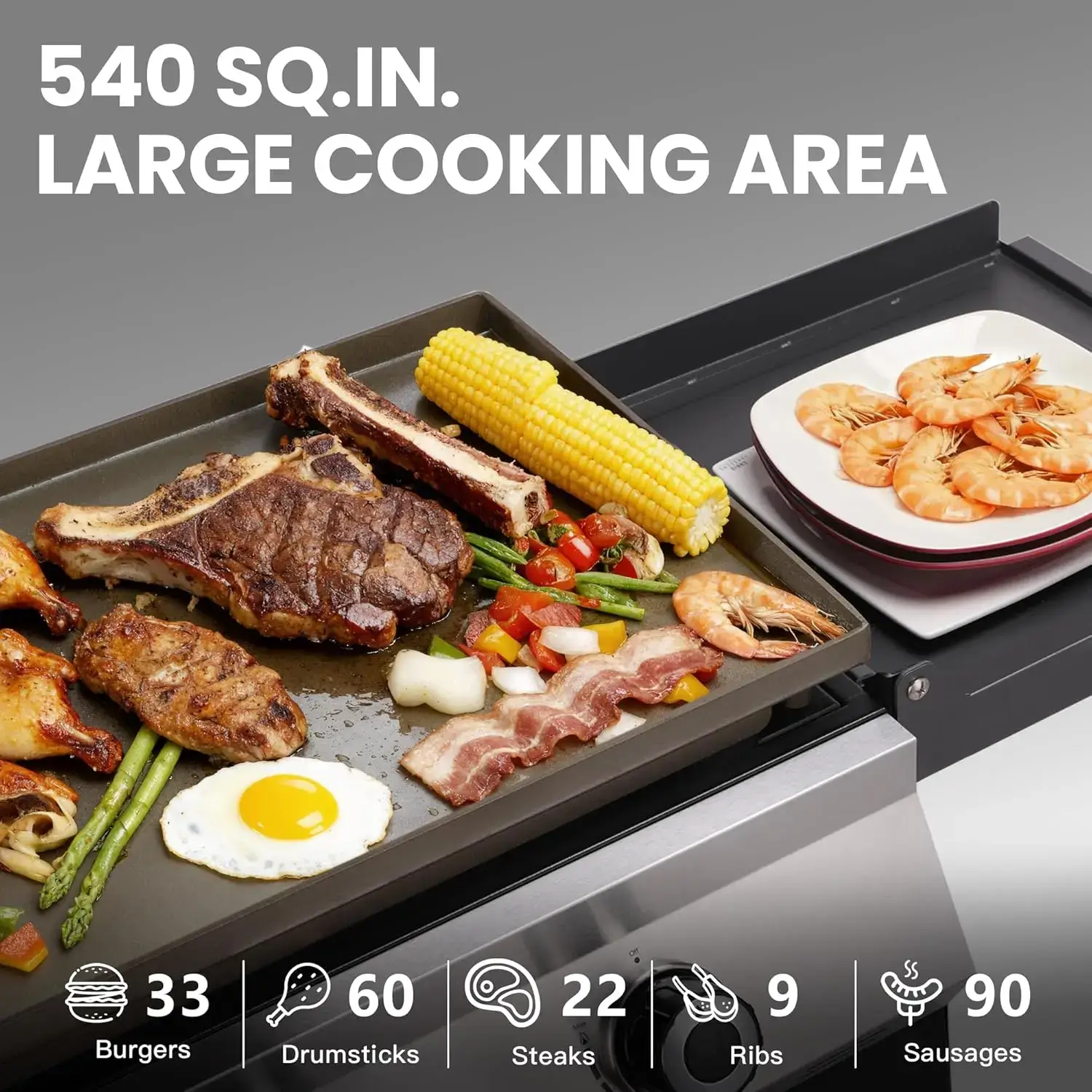 Foldable Outdoor Flat Top Gas Griddle - 50,000 BTU, 540 Sq In Cooking Area, Rolling Wheels, Folding Side Shelves for Camping, Backyard BBQ, Black