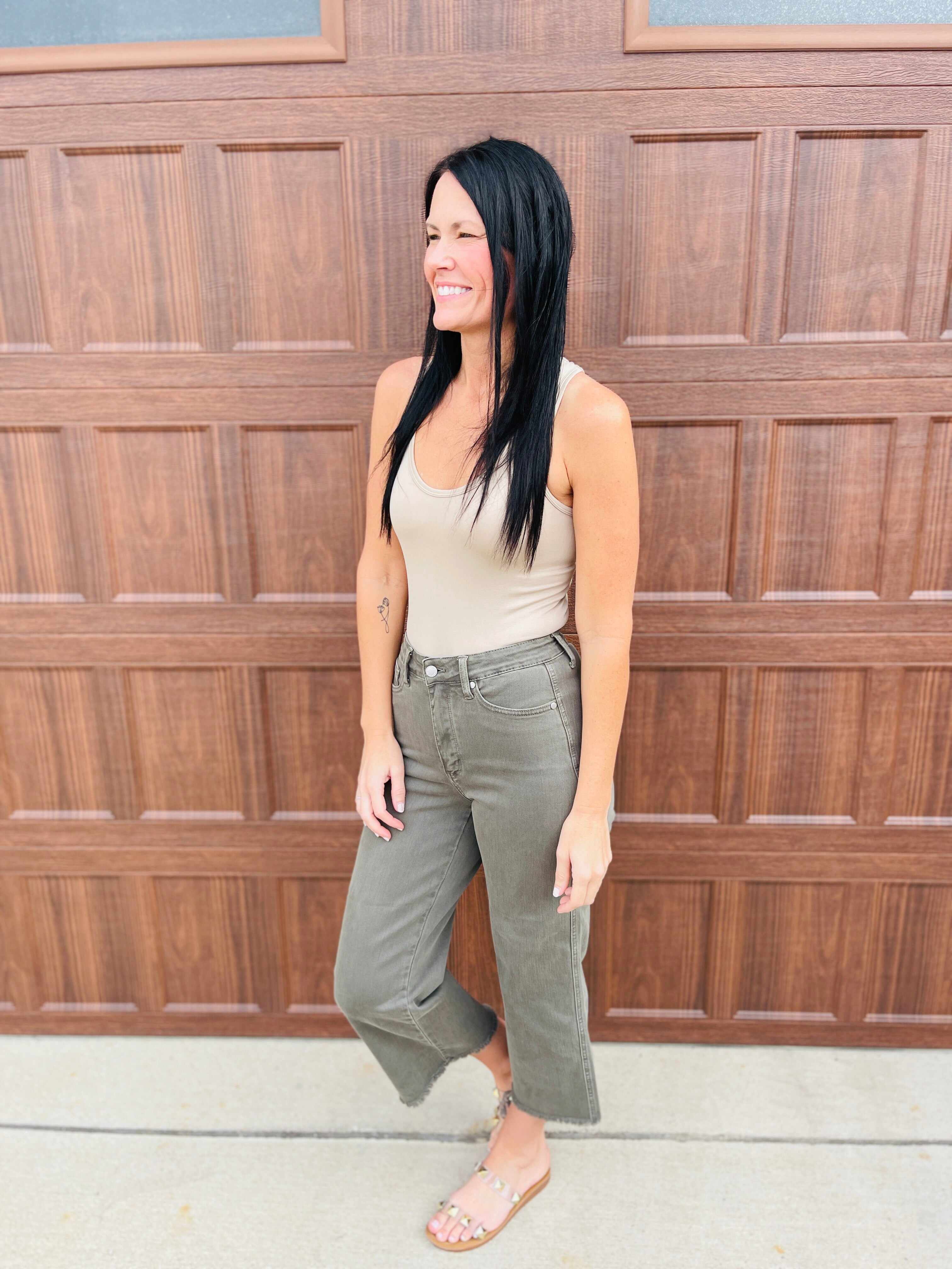 REG/CURVY Olive You Tummy Control Garment Dyed Wide Leg Cropped Jeans