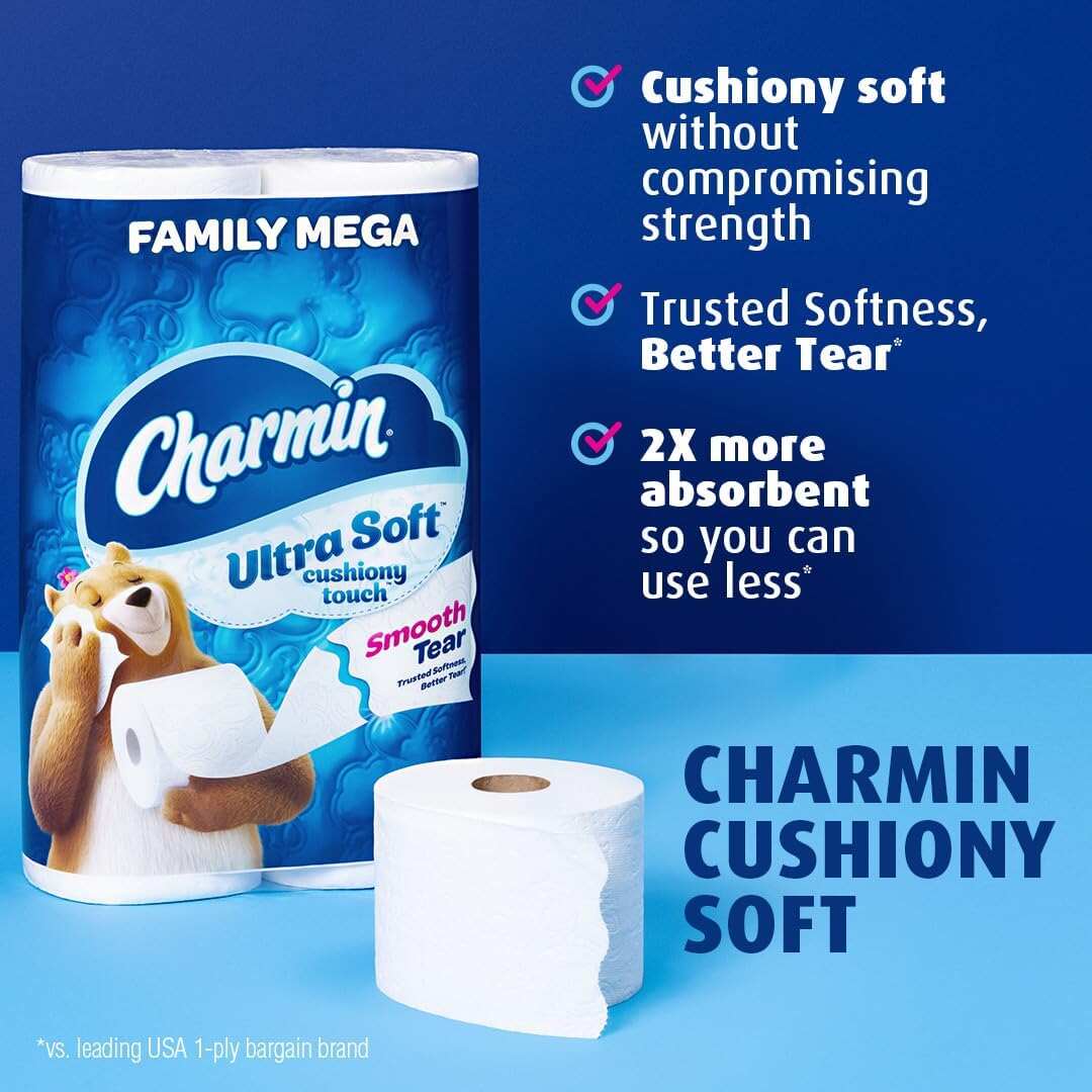 Charmin Ultra Soft Cushiony Touch Toilet Paper, 24 Family Mega Rolls = 123 Regular Rolls