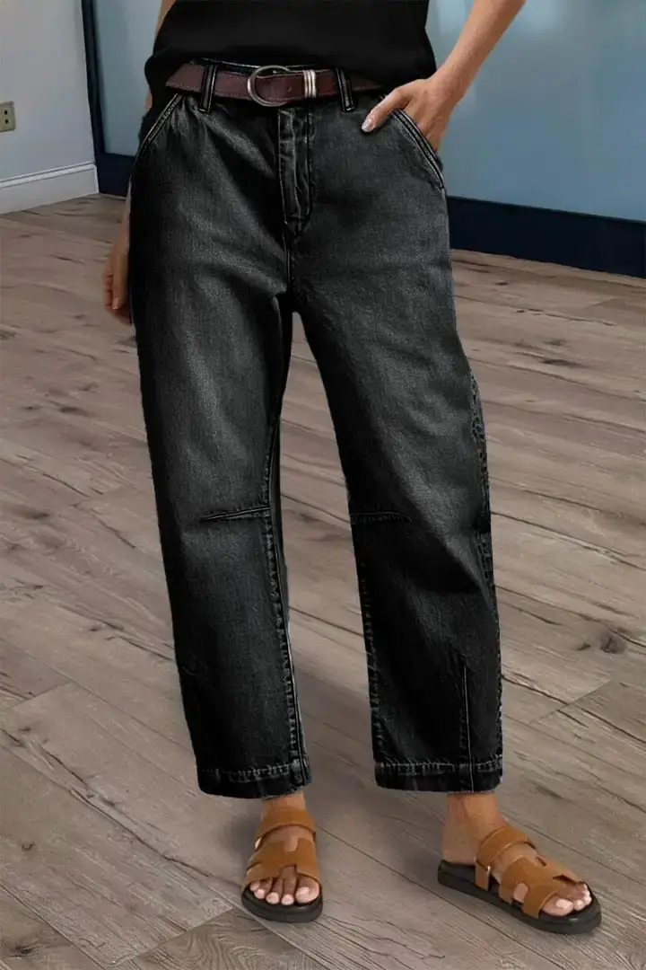 🔥Summer Arrivals🌟Wash Stitch Detail Mid Rise Barrel Leg Crop Jeans Without Belt