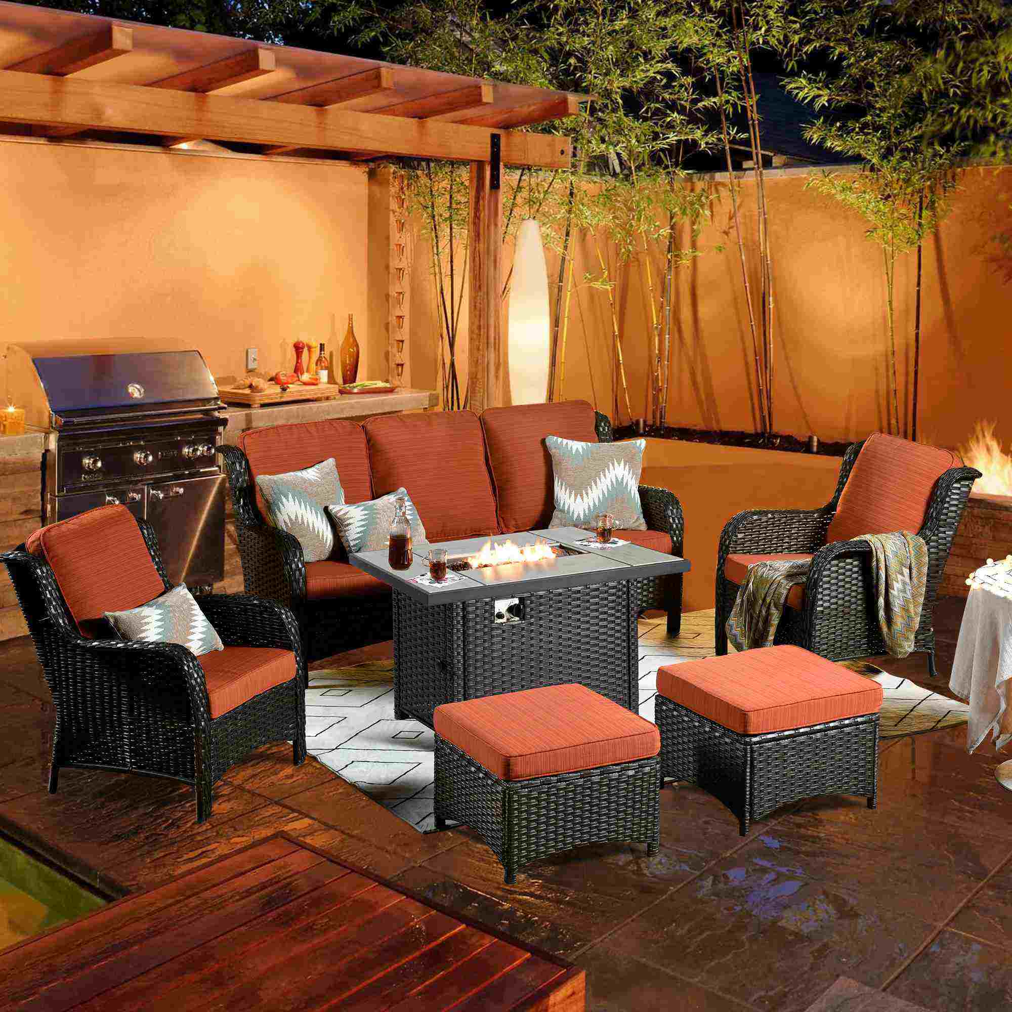 Ovios Patio 6-Piece Conversation Set with 42'' Rectangle Propane Fire Pit Table Kenard