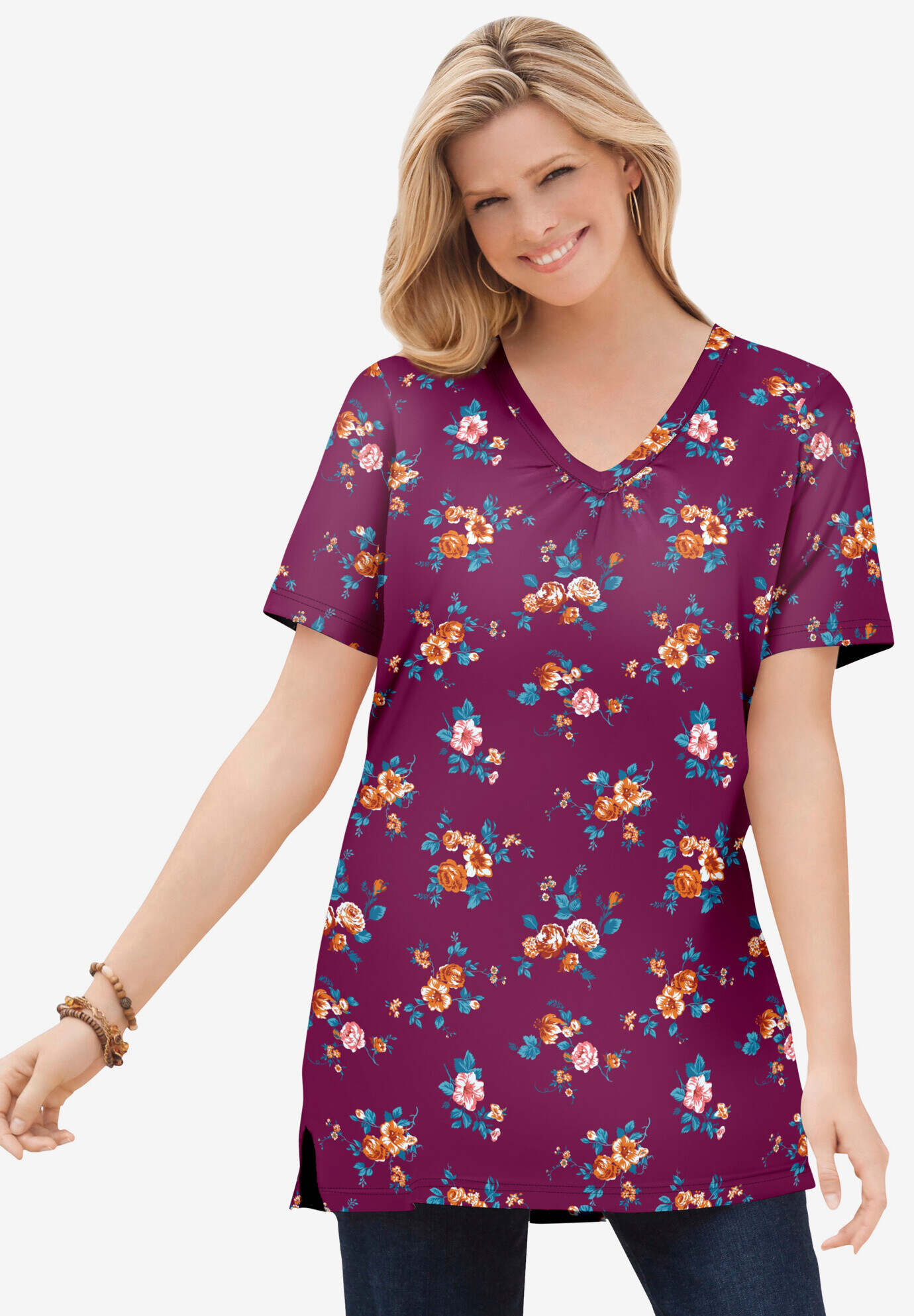 Perfect Printed Short-Sleeve Shirred V-Neck Tunic