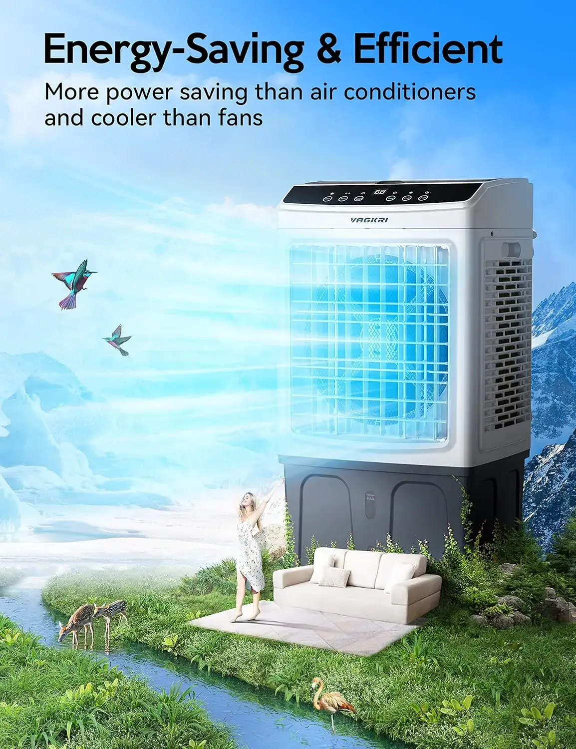 Air Cooler, VAGKRI 2800CFM-3100CFM Swamp Cooler, 120°Oscillation Air Cooler with Remote Control, 24H Timer, 3 Modes & Wind Speeds for Outdoor Indoor Use, 9.2Gallon