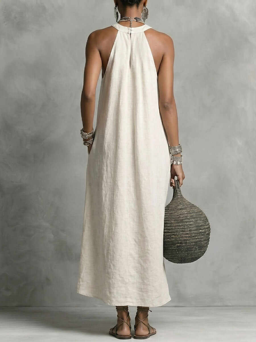 Women's Round-neck Halter Sleeveless Cotton-linen Dress