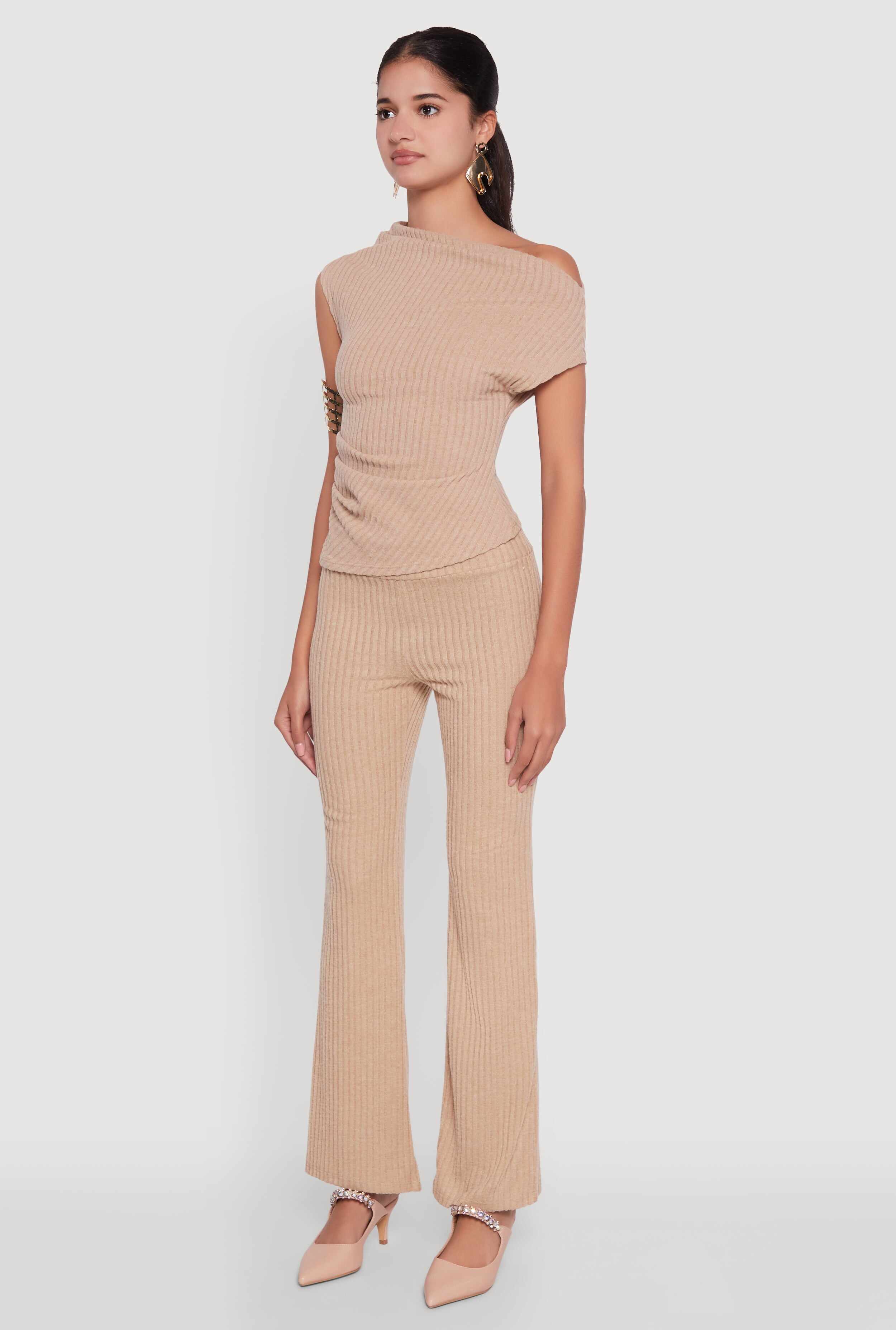 Ribbed Knit Solid One Shoulder Blouse