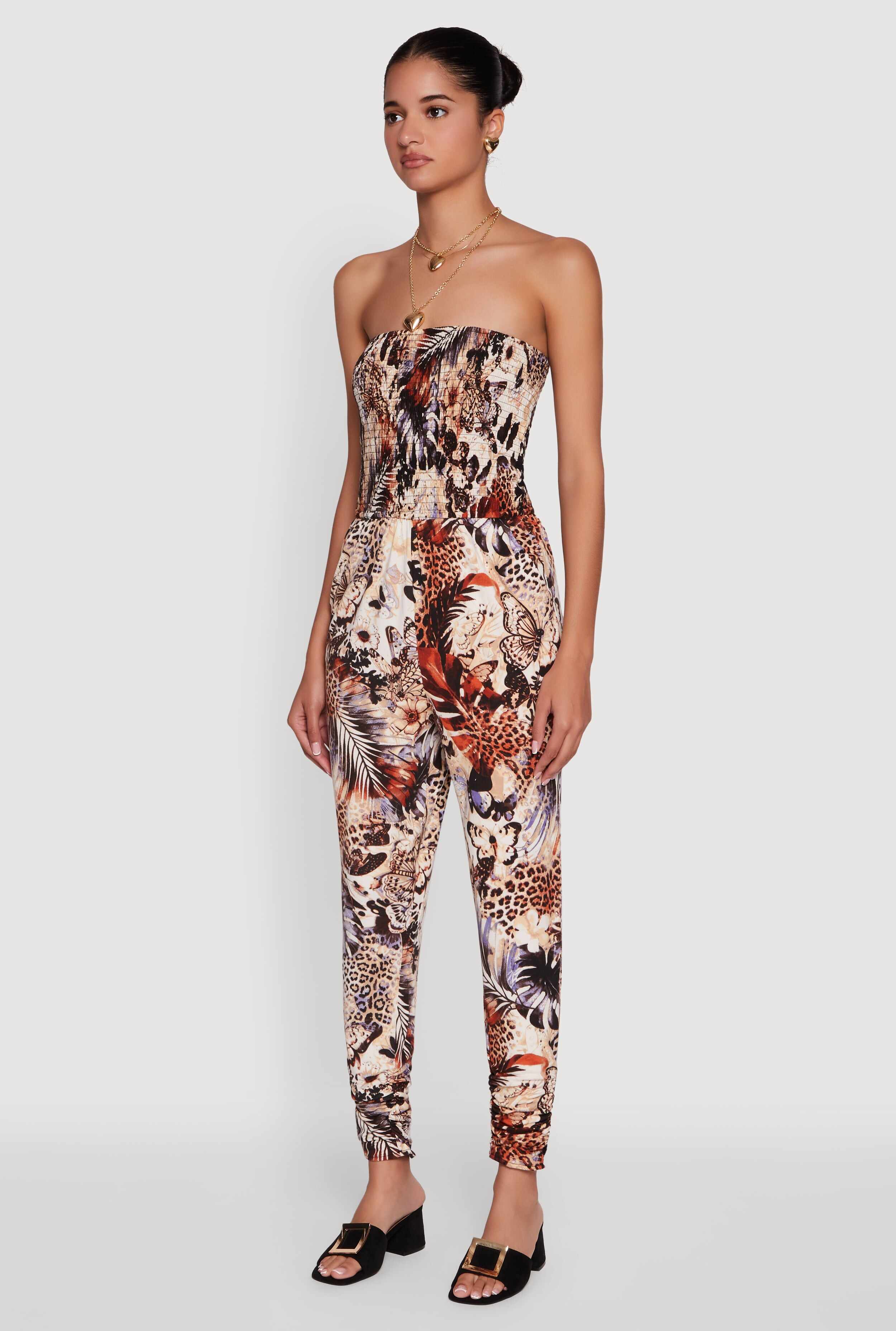 Strapless Animal Leaf Print Smocked Jumpsuit