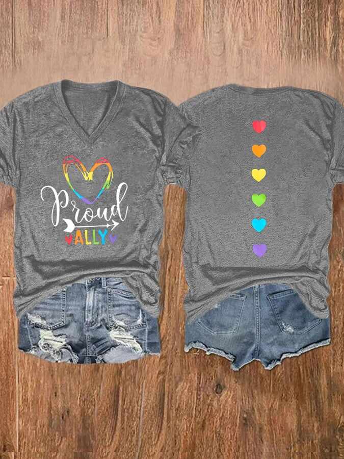 Women'S Proud Ally Rainbow Love Heart Print T-shirt