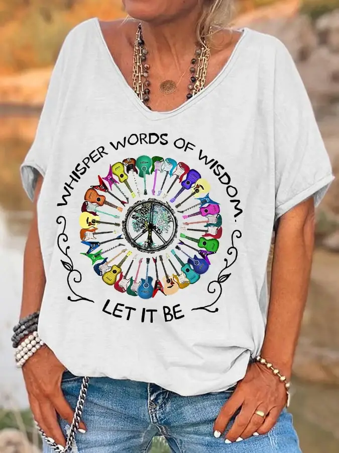 Women's Hippie Whisper Words Of Wisdom Let It Be Guitar Peace Casual V-Neck Tee