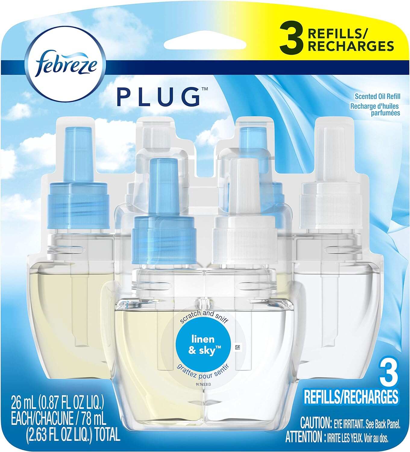 Febreze Odor-Fighting Fade Defy PLUG Air Freshener, Mountain, Ocean, Amber, (3) .87 fl. oz. Oil Refills