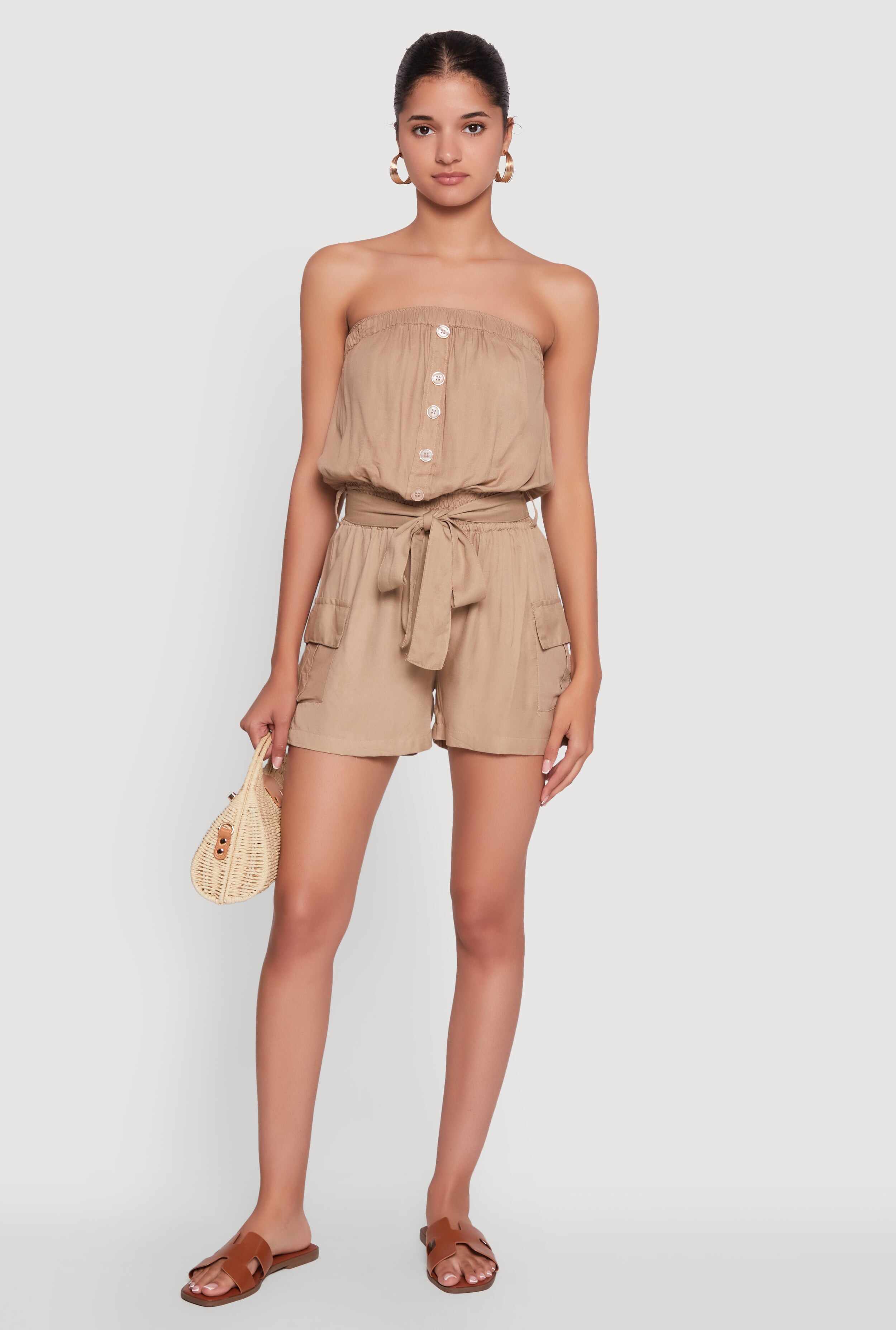 Sleeveless Tie Waist Belted Cargo Romper