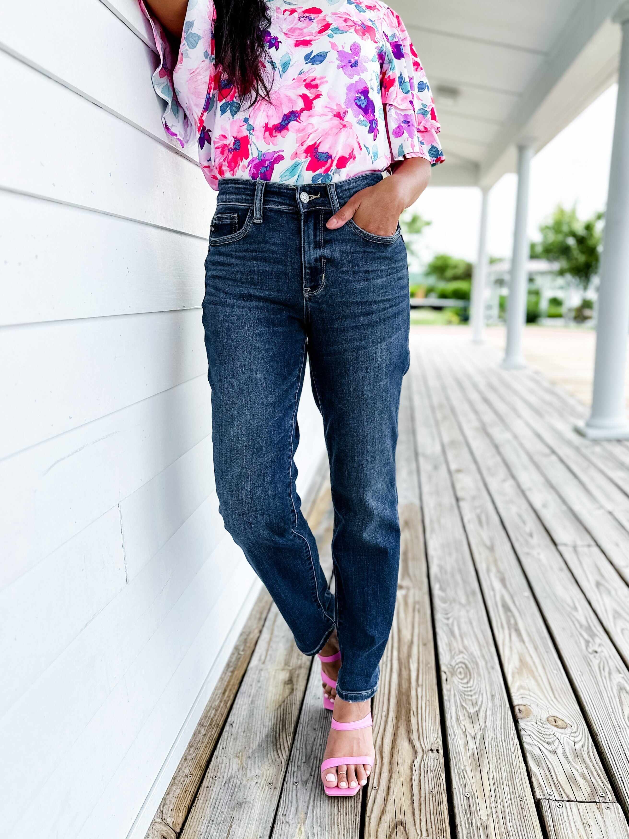 🔥Hot Sales🔥My Favorite Boyfriend Mid Rise Dark Wash Non Distressed Cuffed Boyfriend Jeans