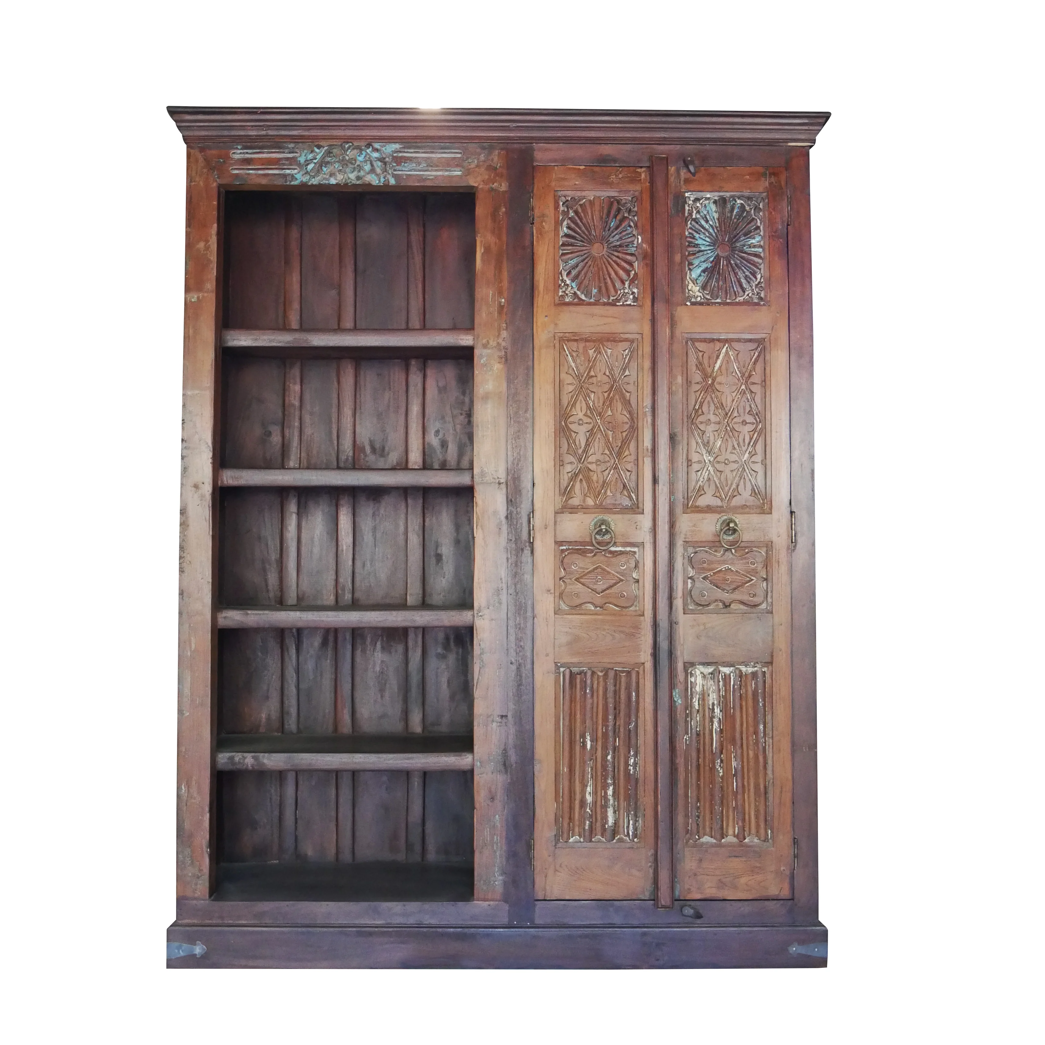 Farmhouse Style Solid Wood 4 Shelves Antique Door Bookcase Armoire