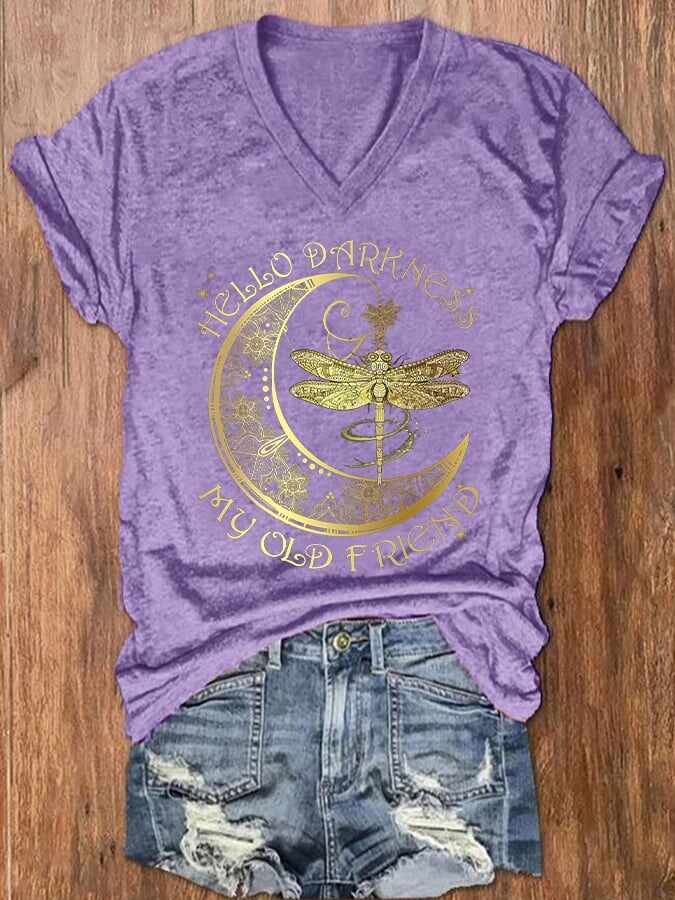 Women's Hippie Hello Darkness My Old Friend Printed V-Neck T-Shirt