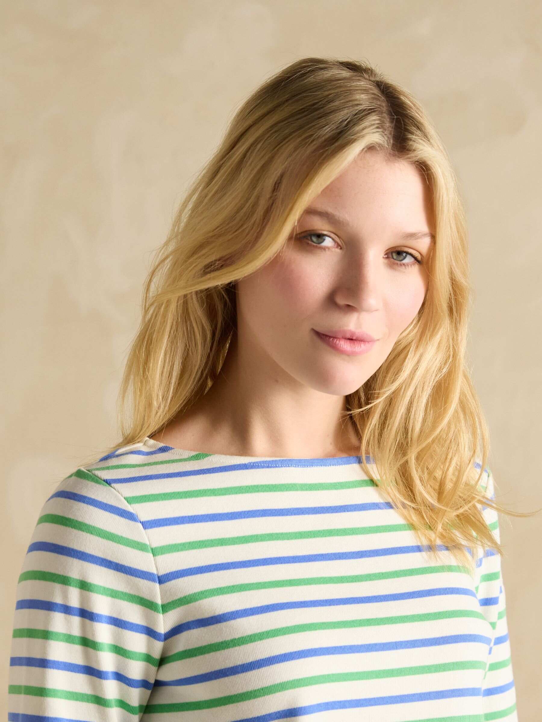 Harbour Green Blue Striped Boat Neck 100% Cotton Breton Top