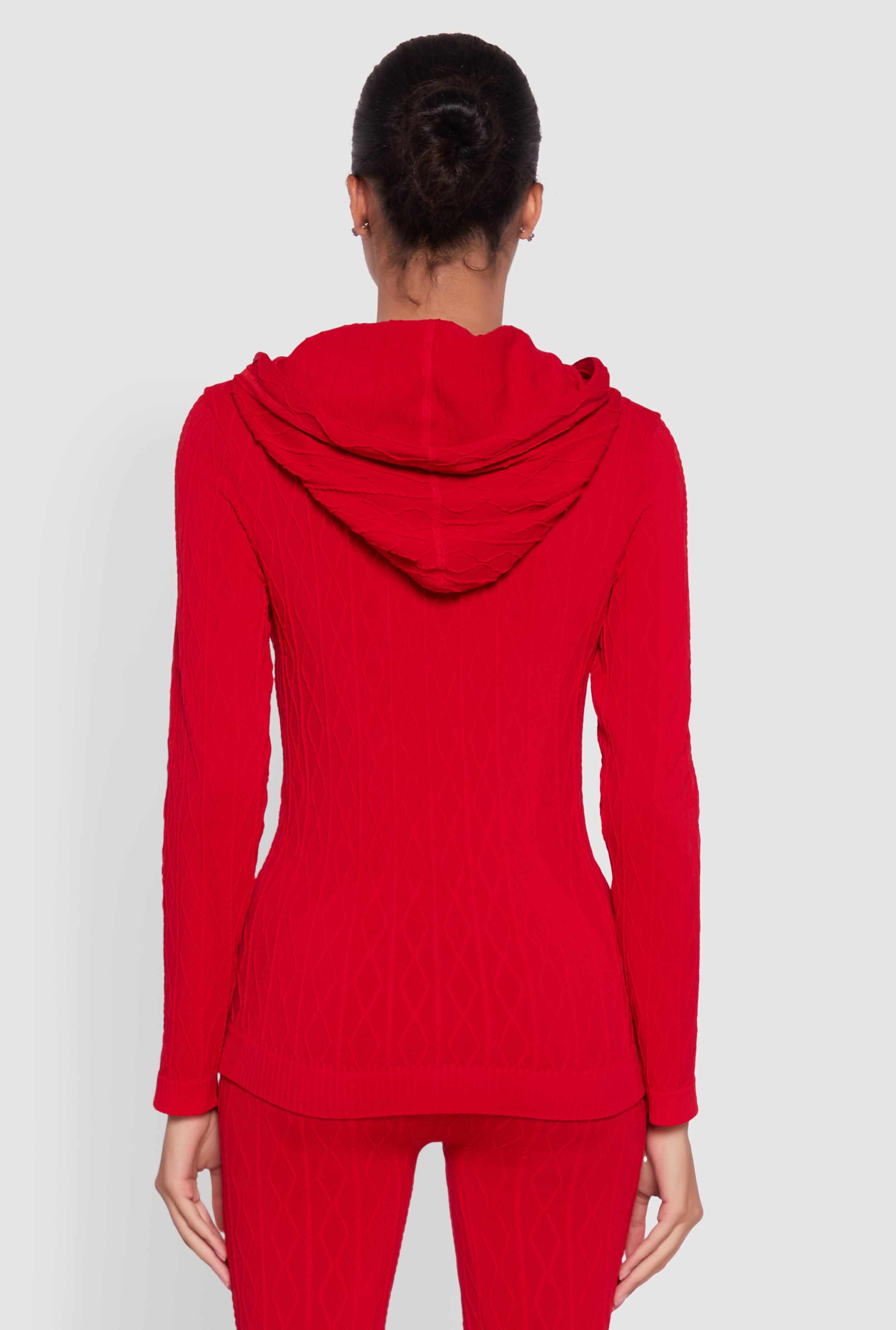 Geometric Patterned Zip Front Drawstring Hoodie