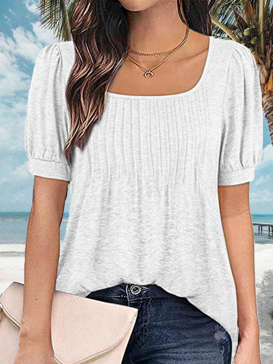 Square Neck Casual Loose Solid Color Short Sleeve T-Shirt