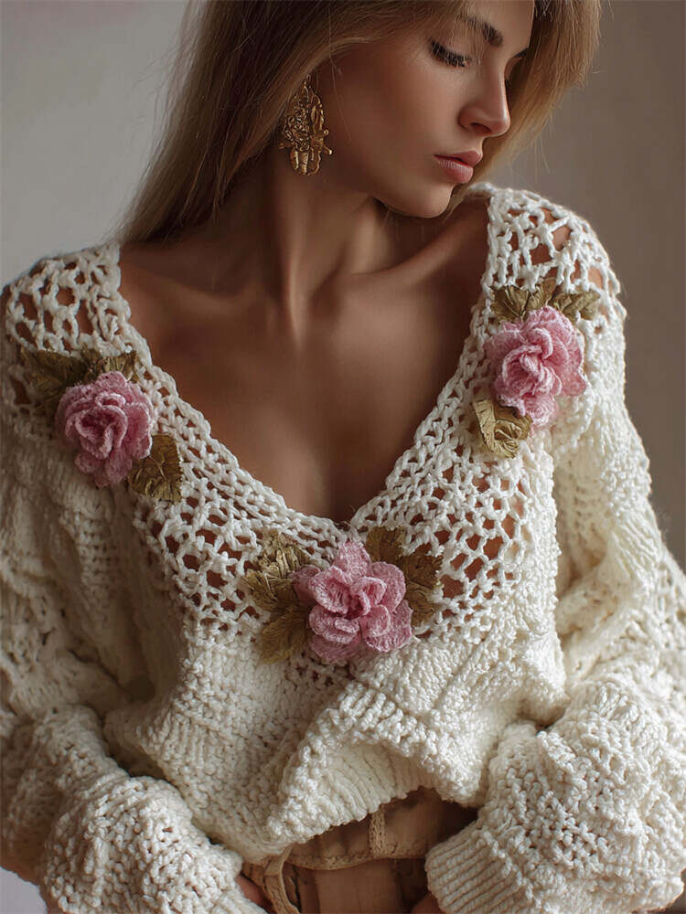 Vintage Pink Floral Fiber Art Lace Crochet Cozy Sweater