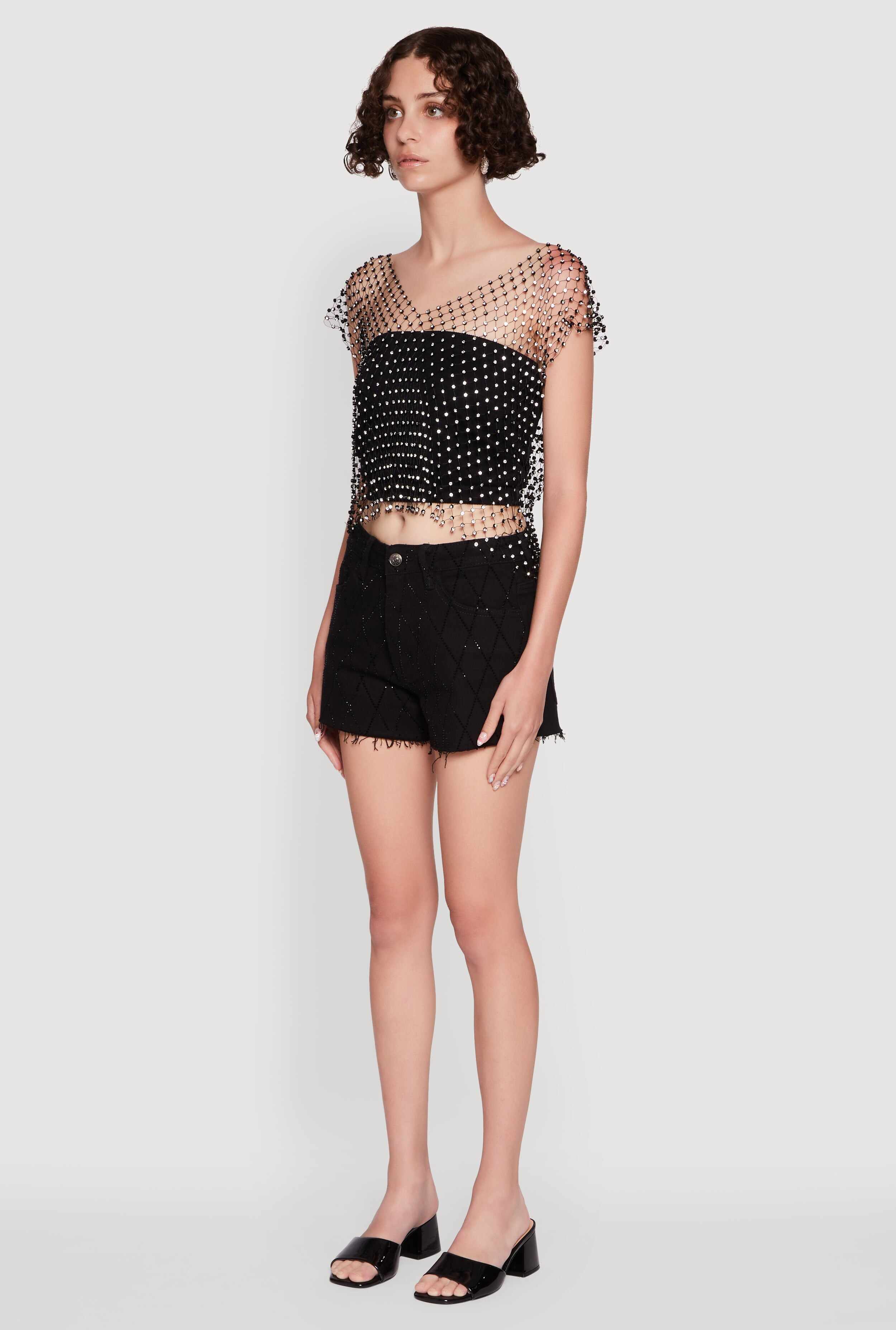 Trendy Rhinestone Fishnet V Neck Crop Top