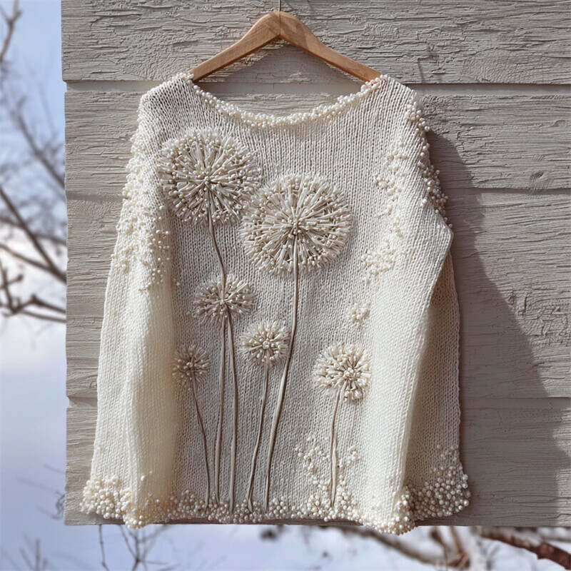 Vintage Dandelion Beaded Embroidered Cozy Knit Sweater