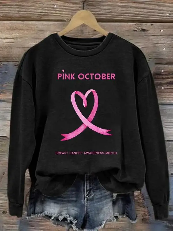 Women's Pink October Breast Cancer Awareness Month Print Pattern Casual Sweatshirt