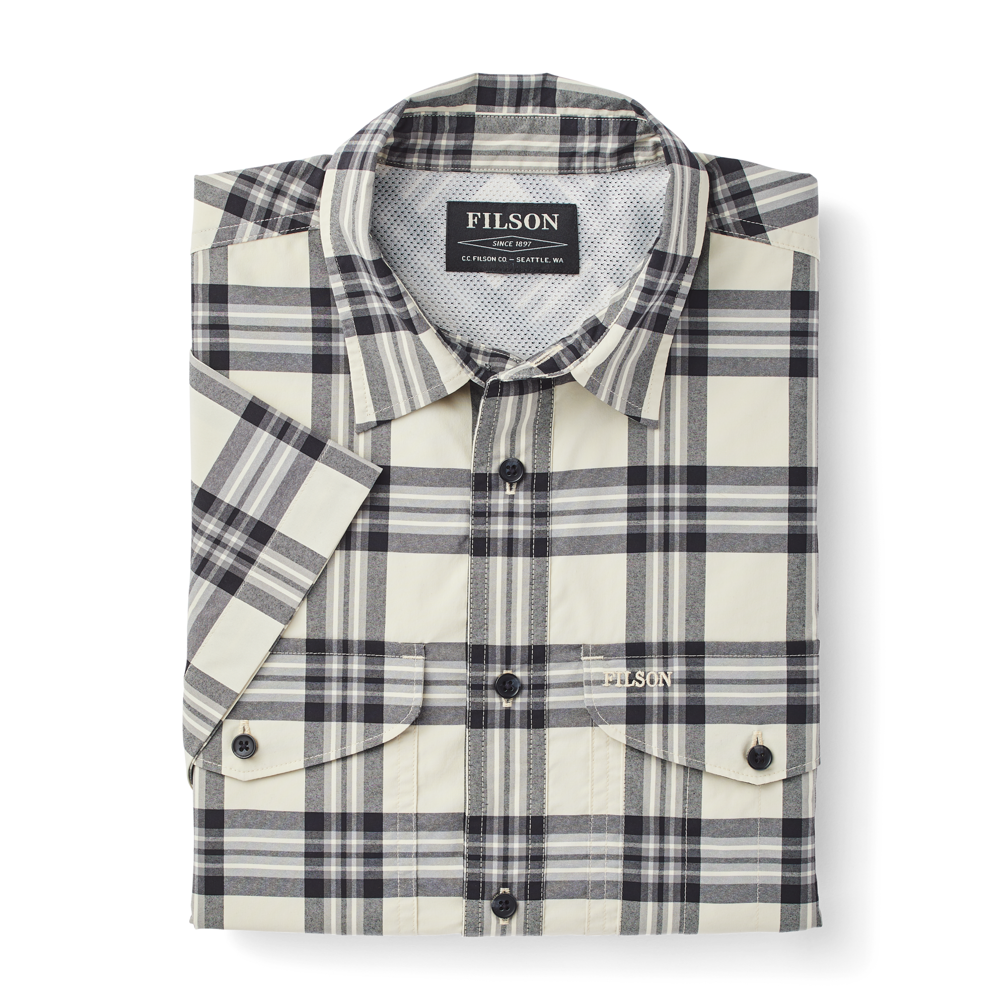 Twin Lakes Short Sleeve Sport Shirt - Cream/grey/black Plaid