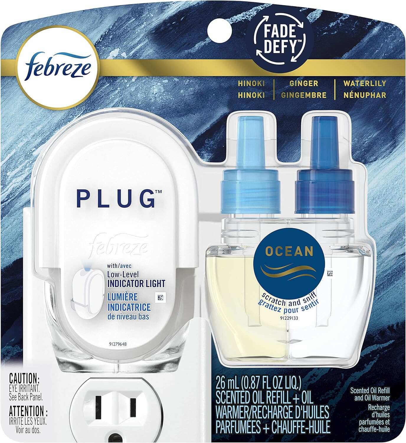 Febreze Odor-Fighting Fade Defy PLUG Air Freshener, Mountain, Ocean, Amber, (3) .87 fl. oz. Oil Refills