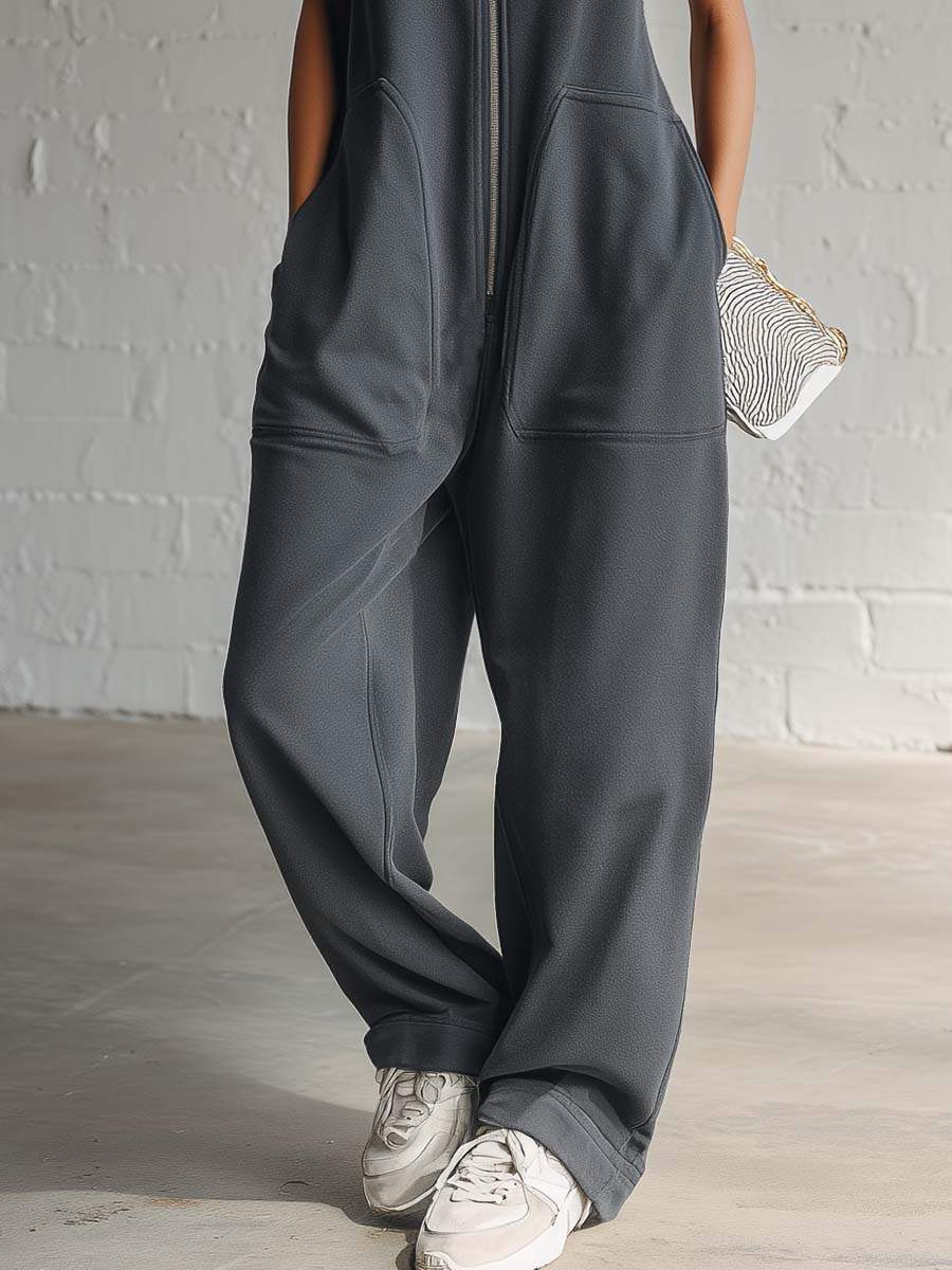 Vintage Nautical Sporty Hooded Sleeveless Front-zip Dark Gray Cotton Jumpsuit