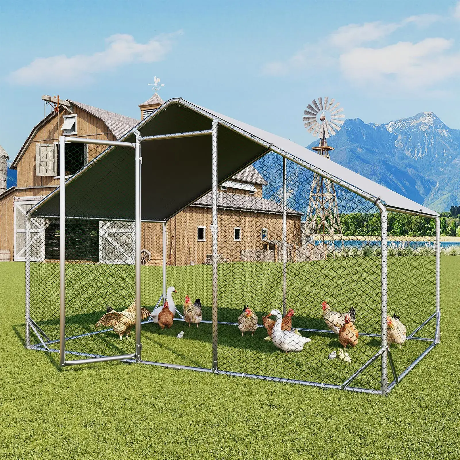 Chicken Coop Metal Large Cover Wire，spire Peak Roof Security Lock Waterproof Outdoor Poultry Enclosure for Yard & Farm Metal Poultry Coop Chicken Cage Enclosed Enclosed Poultry Hutch