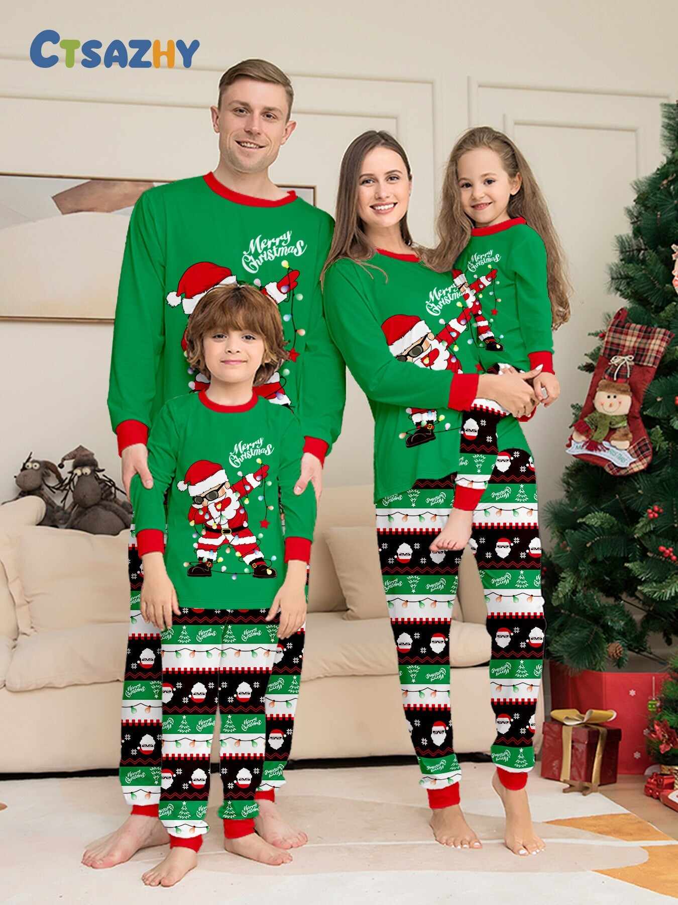 Green Dabbing Santa Family Matching Pajamas Pjs