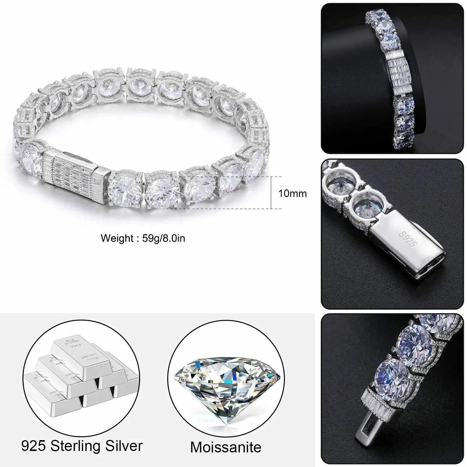 10mm S925 Moissanite Iced Out Tennis Bracelet
