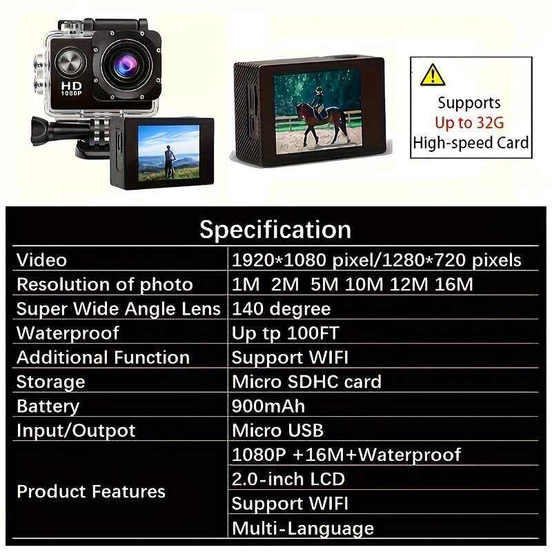 Action Camera (Built In 900 MA Battery) Action Camera Ultra HD Underwater Camera 140 Degree Wide-angle Lens 1181.1 Inch Waterproof Action Camera WIFI Camera For Thanksgiving Christmas (two Options: With Card And Without Card)