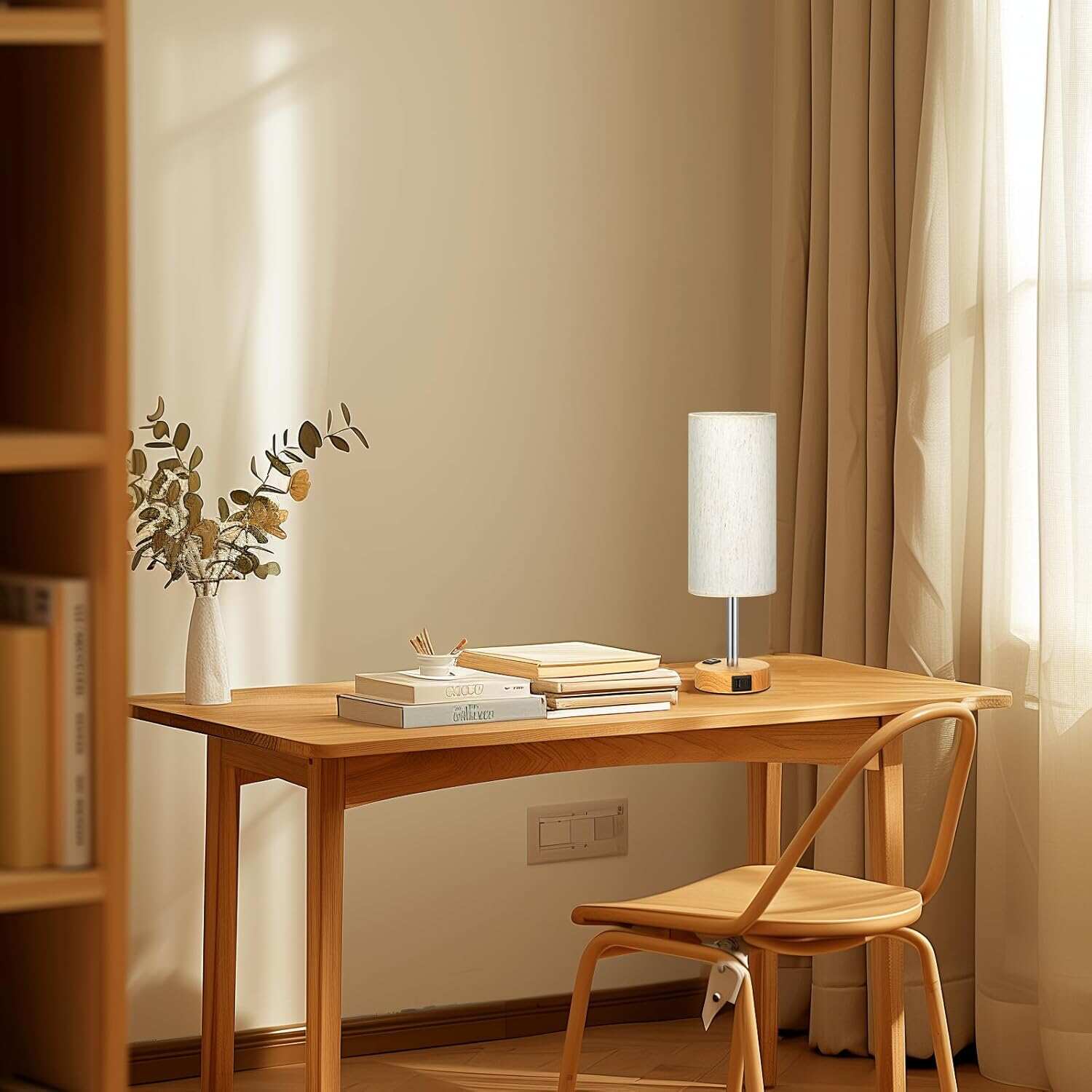 Bedside Table Lamp for Bedroom - 3 Way Dimmable Touch Lamp USB C Charging Ports and AC Outlet, Small Lamp Wood Base Round Flaxen Fabric Shade for Living Room, Desk, LED Bulb Included