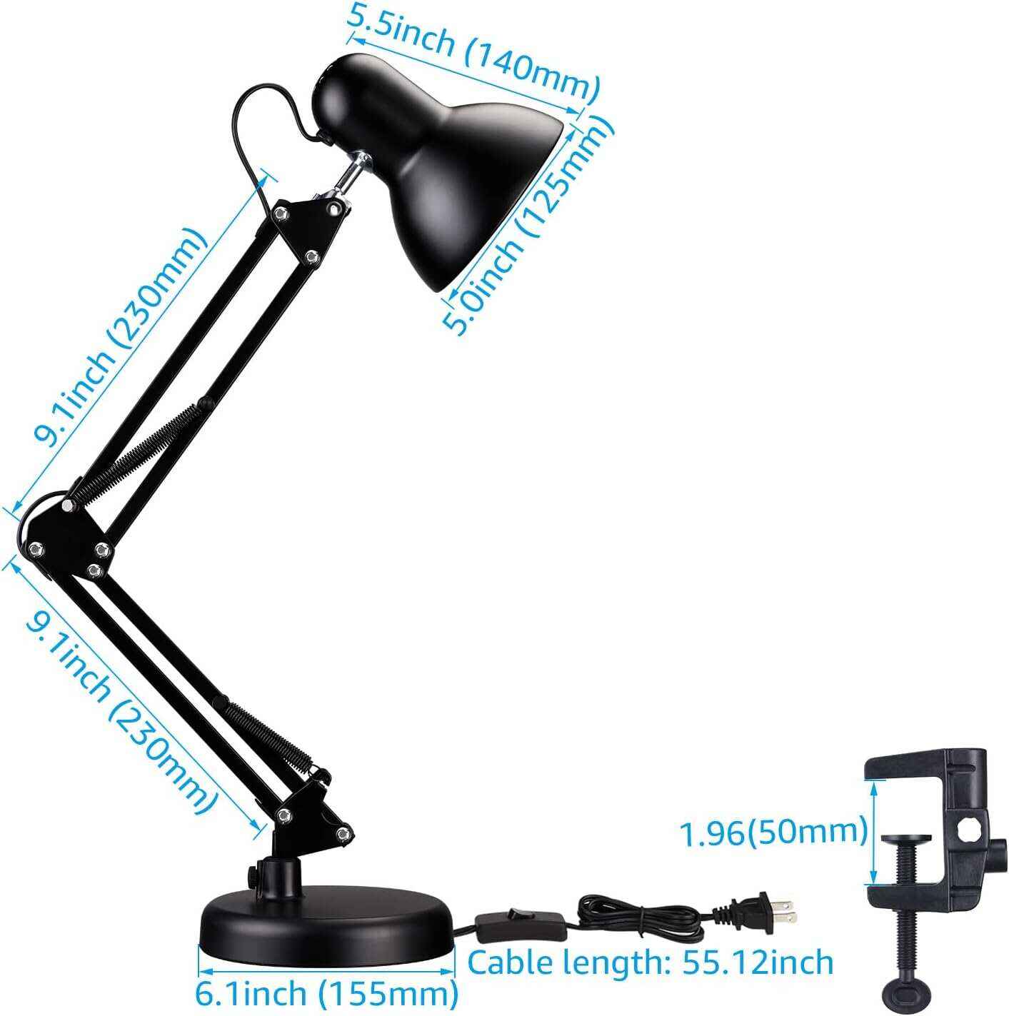 TORCHSTAR Metal Desk Lamp with Clamp, Swing Arm , Architect Adjustable Gooseneck Table Lamp, Clip Desk Lights for Home Office, Work, Study, Reading, E26 Base, Multi-Joint, Black