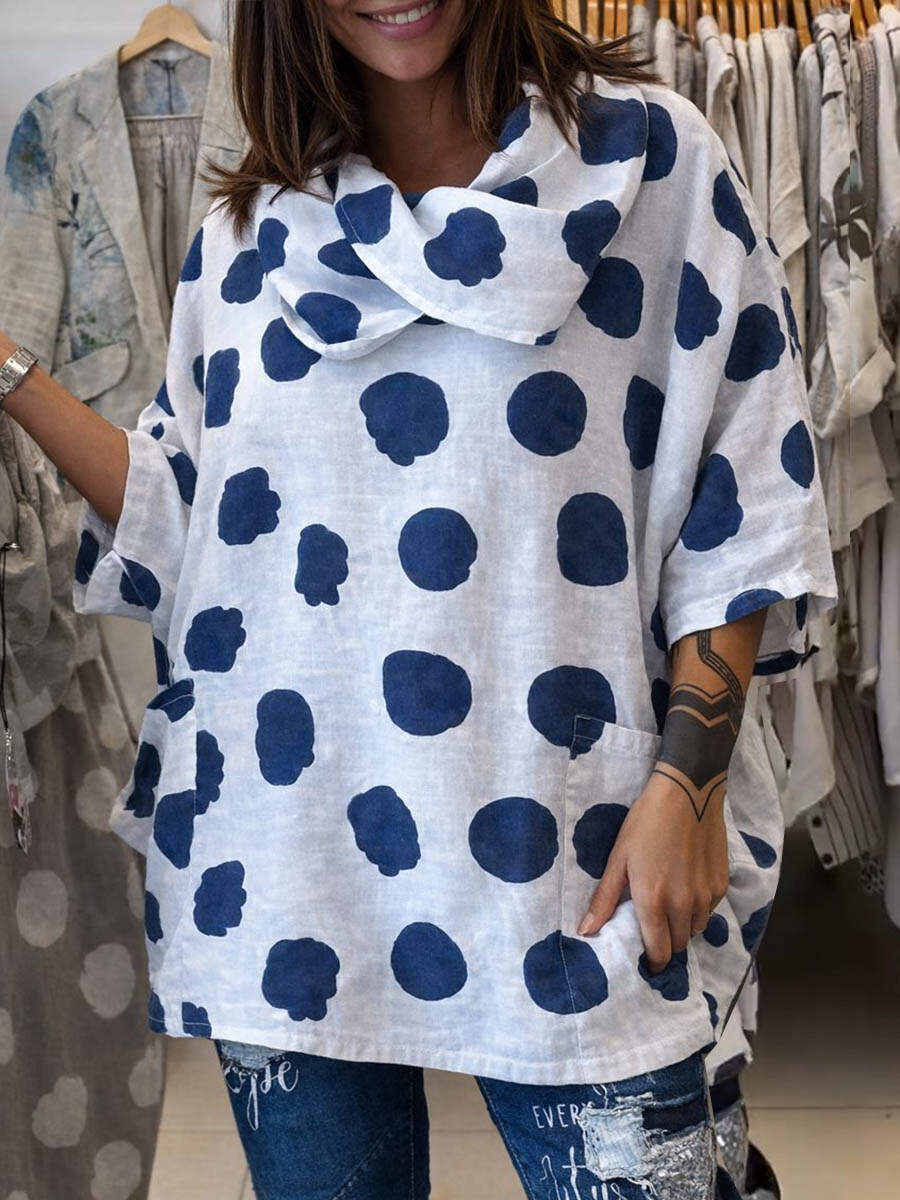 🔥Summer Arrivals🌟Women's Polka Dot Print Swing Collar 3/4 Sleeve Casual Loose Cotton And Linen Top