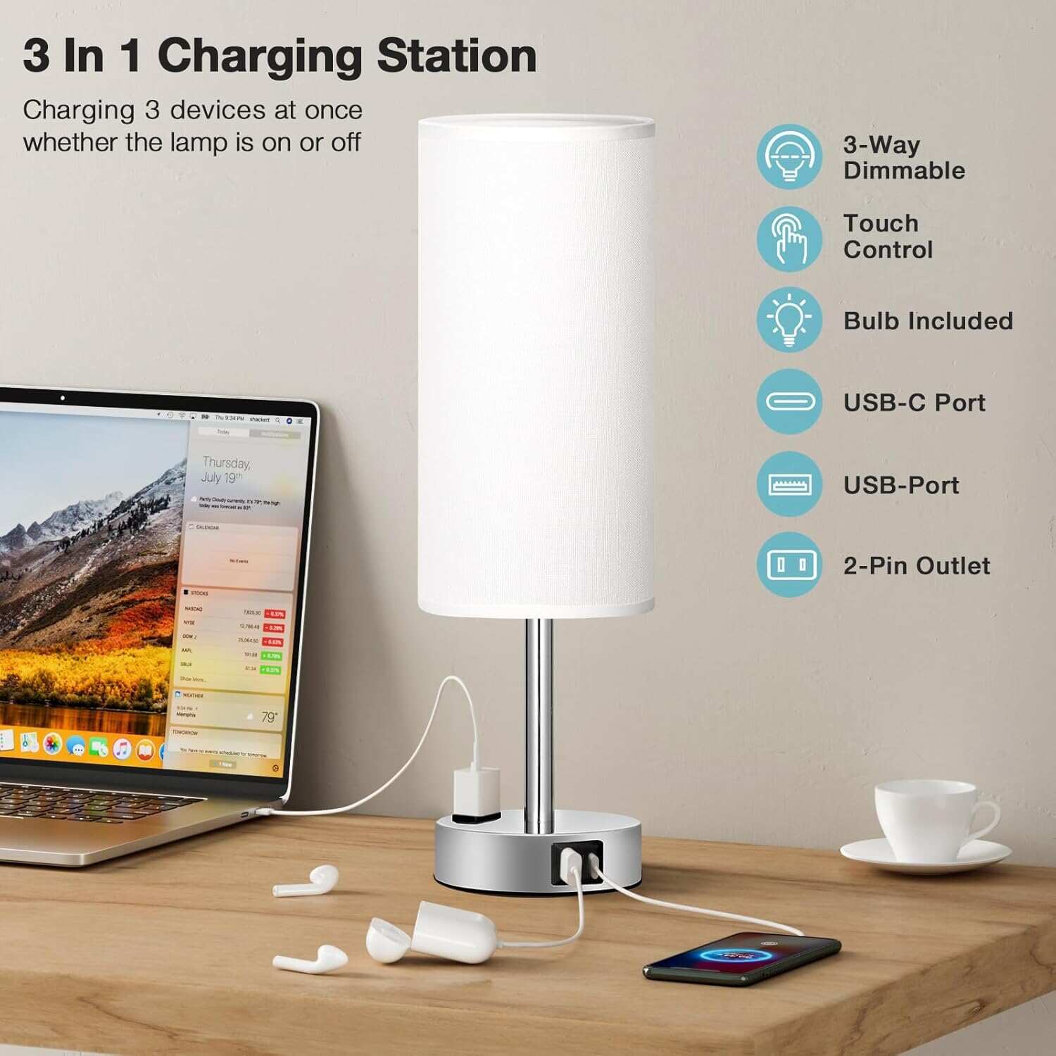 Bedside Table Lamp for Bedroom - 3 Way Dimmable Touch Lamp USB C Charging Ports and AC Outlet, Small Lamp Wood Base Round Flaxen Fabric Shade for Living Room, Desk, LED Bulb Included