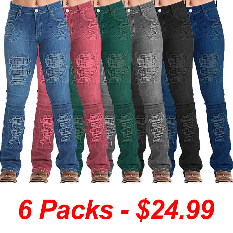 Vintage Stripe Print Ripped Mid Waist Jeans