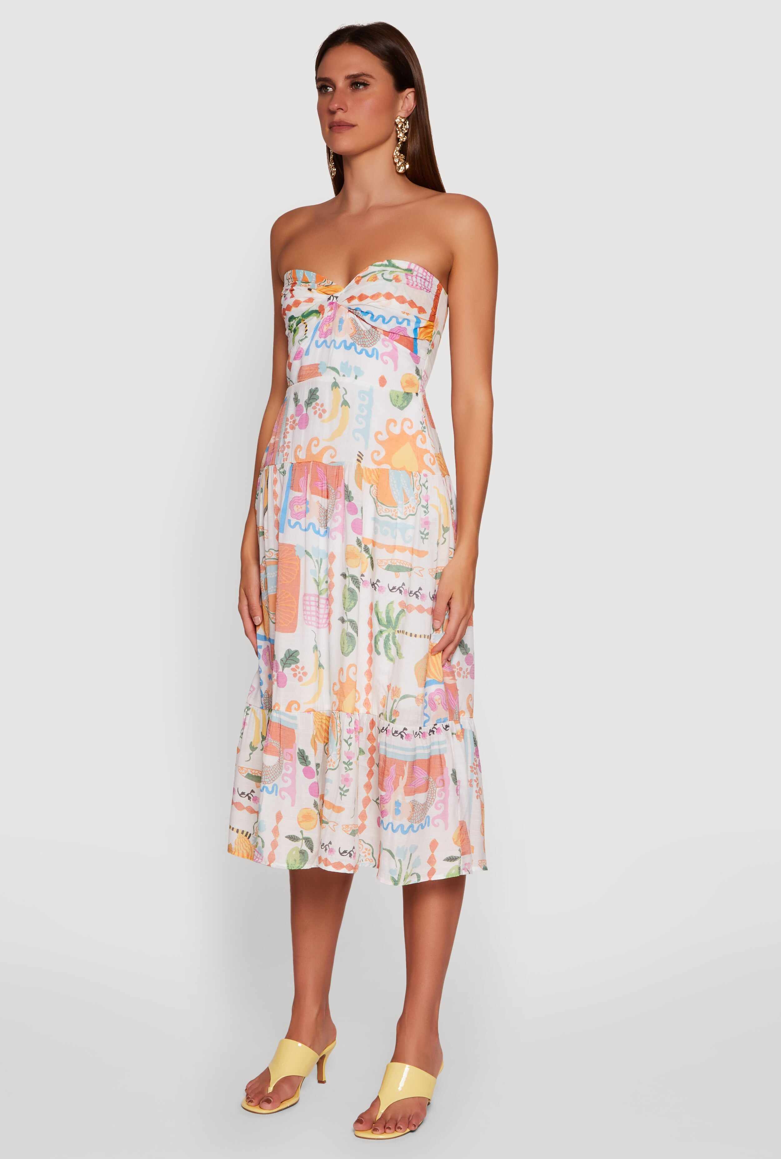 Tropical Print Tiered Twist Front Midi Dress