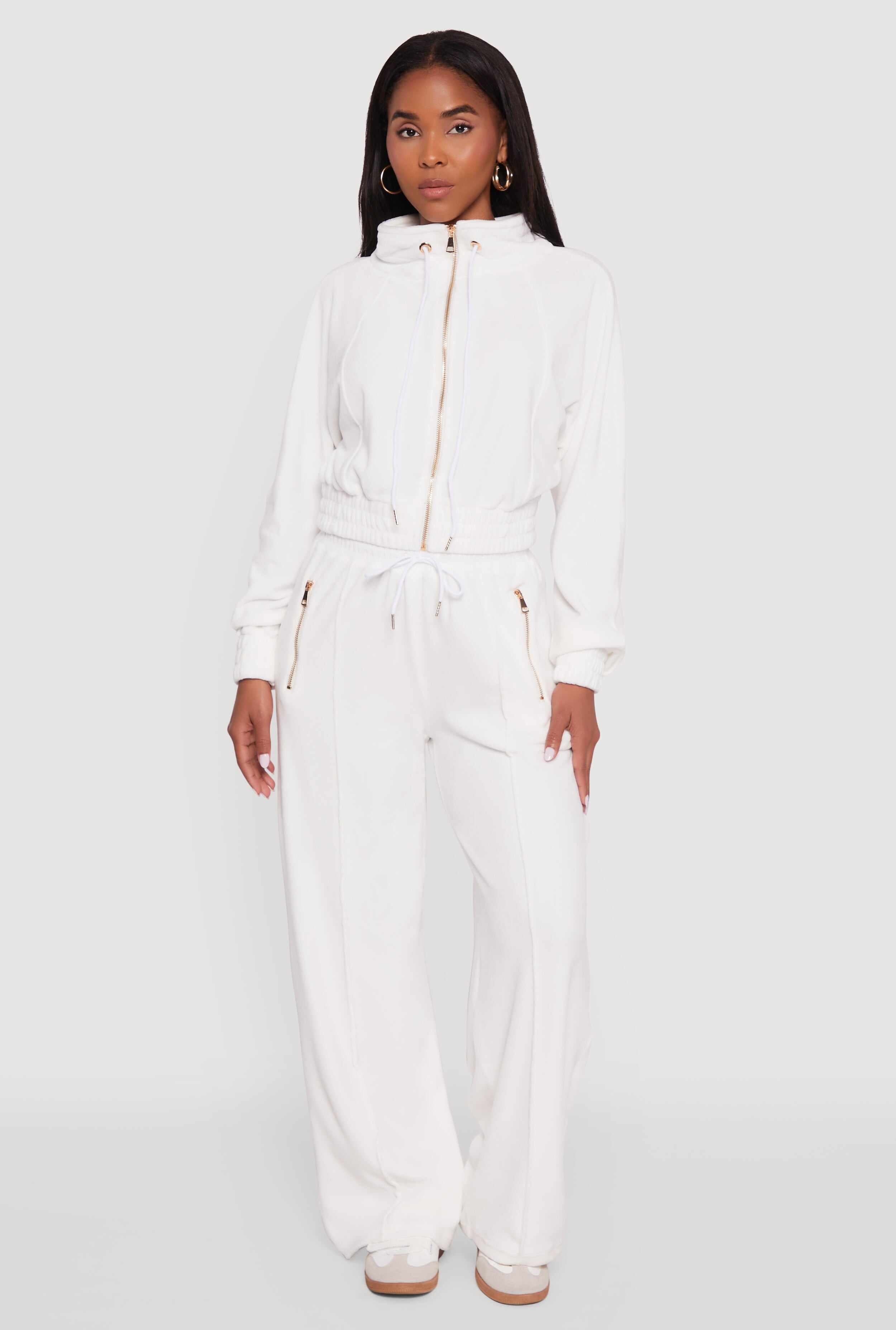 Velour Drawstring Mock Neck Cropped Zip Front Sweatshirt