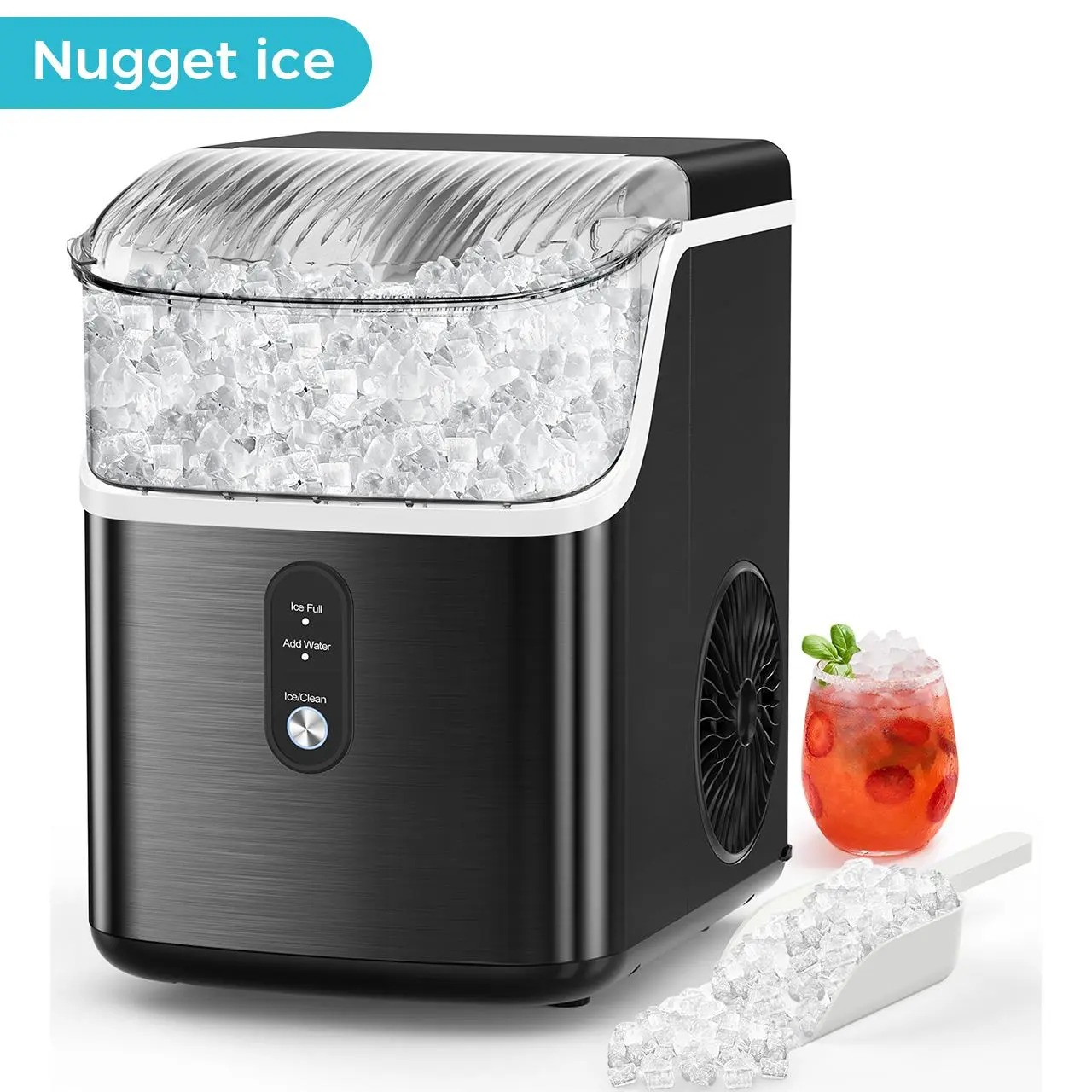 Ice Maker Countertop, Soft Chewable Nugget Ice Cubes Machine, One-Button Quick Ice Making 34Lbs/Day, Self-Cleaning, Portable Stainless Steel Ice Machine