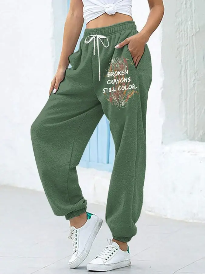 Women's Positive Energy Casual Broken Crayons Still Color Printed Lace-Up With Pockets Trousers