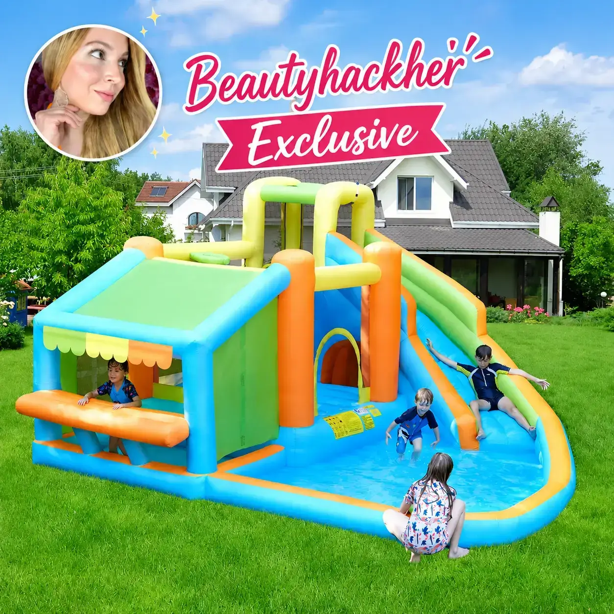 8-in-1 Inflatable Bounce House with Splash Pool, Slide, Climbing Wall, and Market Stand for Kids Ages 3-10, 520W Blower, Portable & Multifunctional Playground Set