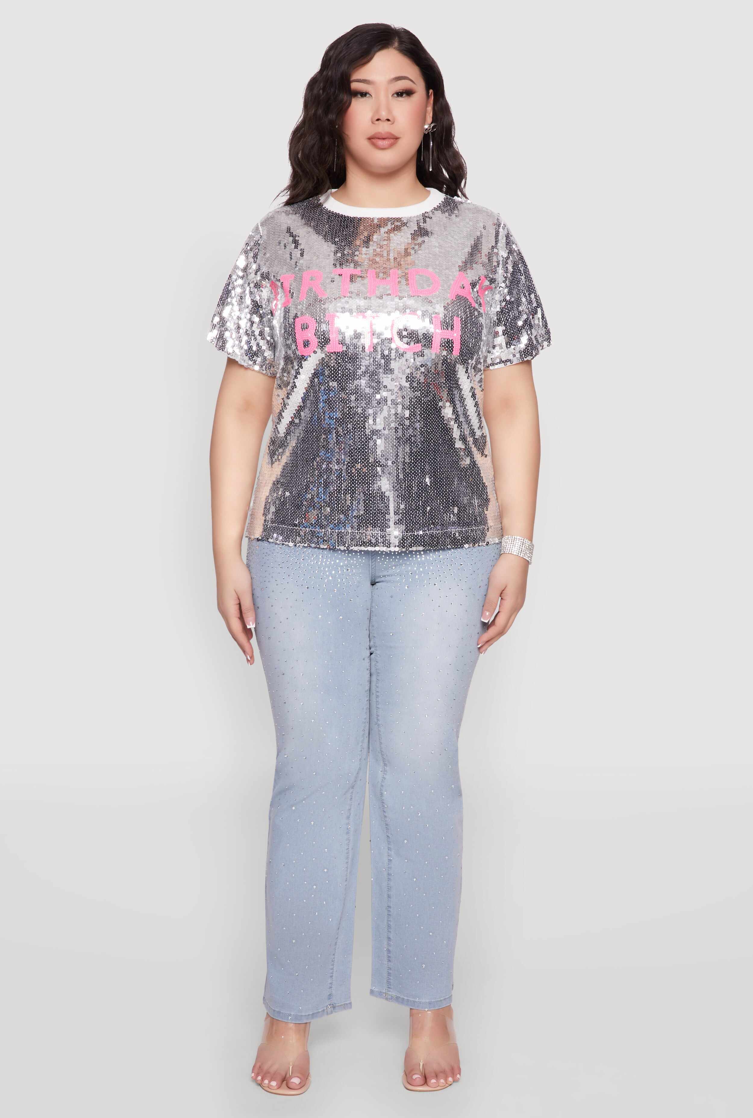Plus Size Contrast Trim Sequin Birthday Graphic Top