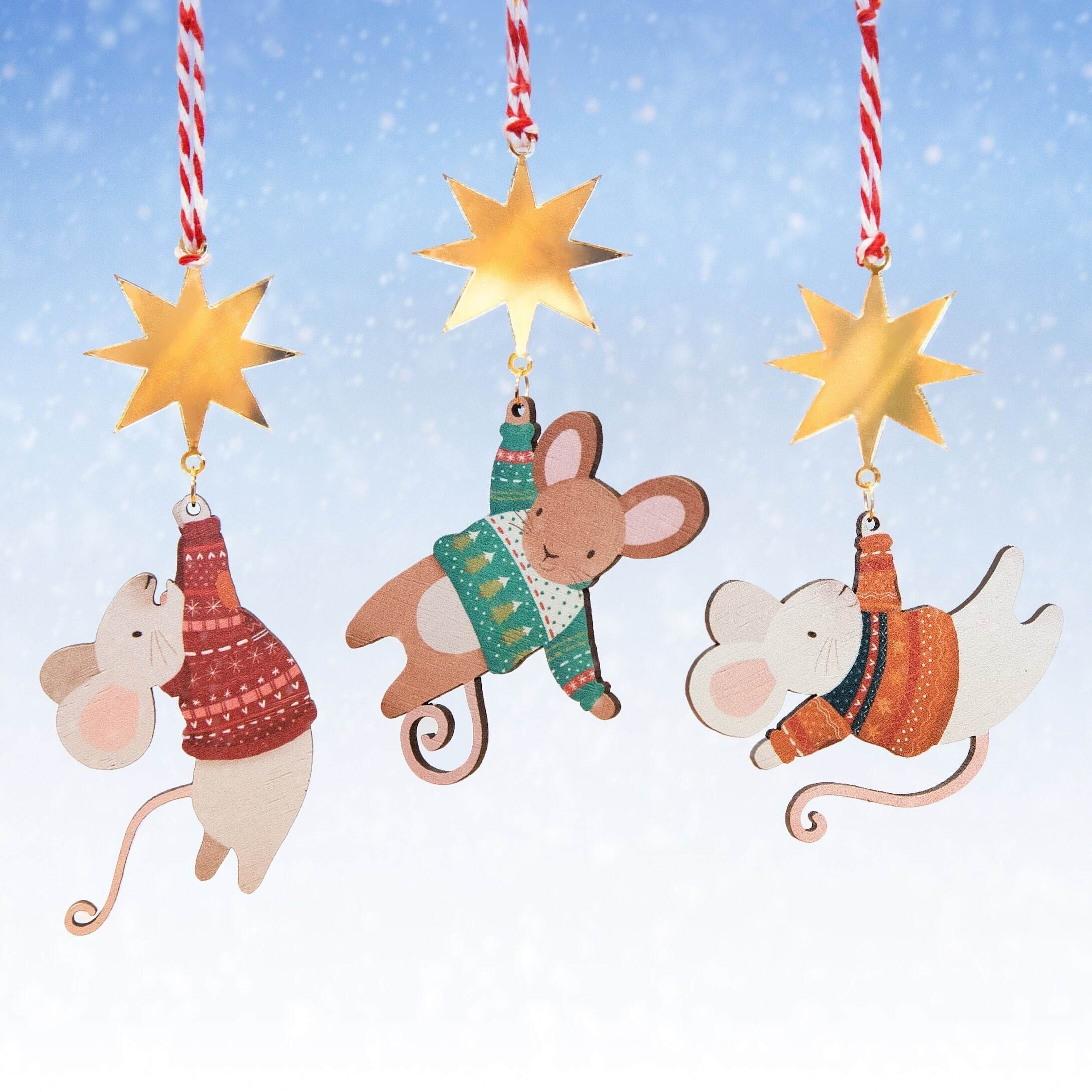 Christmas Mouse & Star Wooden Decorations