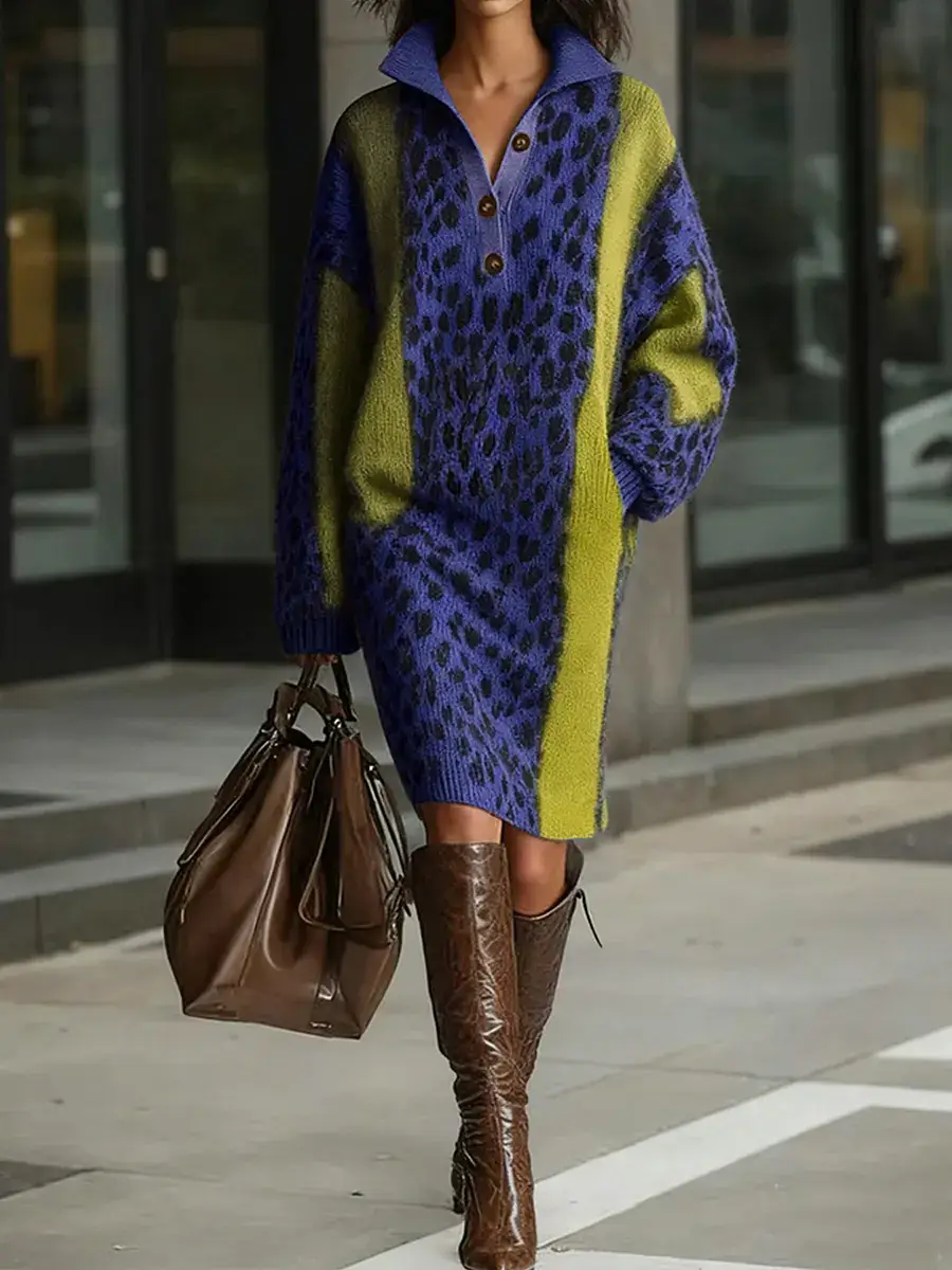 Women's Leopard Print Lapel Long Sleeve Casual Loose Knit Dress