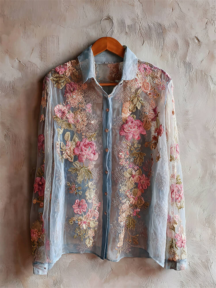 Vintage Pink Floral Embroidered Flowy Blouse